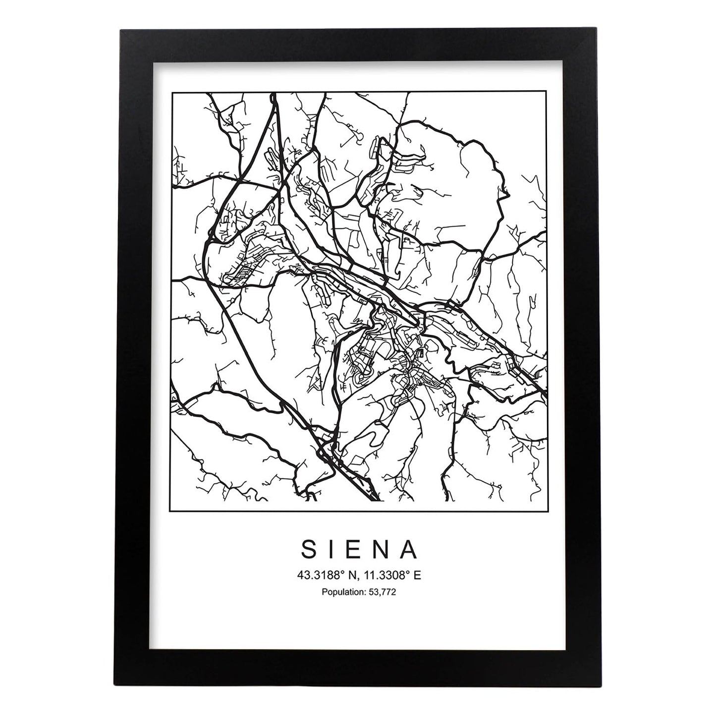 Lámina mapa de la ciudad Siena estilo nordico en blanco y negro.-Artwork-Nacnic-A3-Marco Negro-Nacnic Estudio SL
