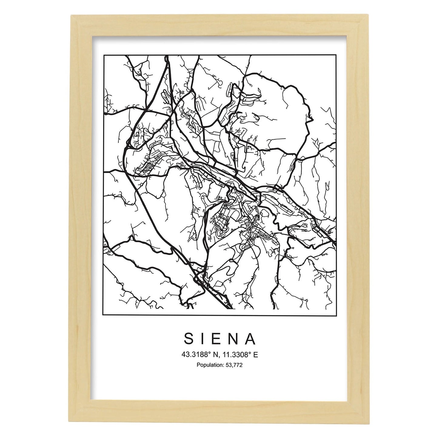 Lámina mapa de la ciudad Siena estilo nordico en blanco y negro.-Artwork-Nacnic-A4-Marco Madera clara-Nacnic Estudio SL