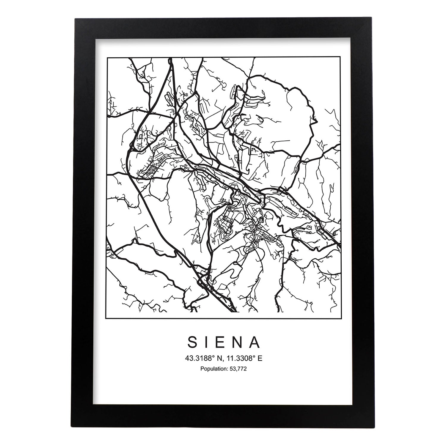 Lámina mapa de la ciudad Siena estilo nordico en blanco y negro.-Artwork-Nacnic-A4-Marco Negro-Nacnic Estudio SL