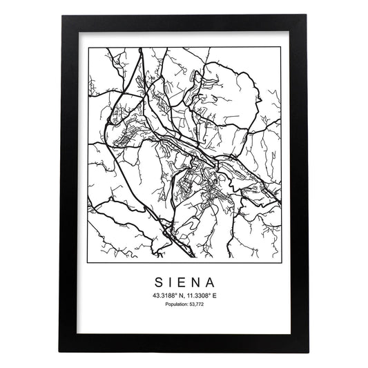 Lámina mapa de la ciudad Siena estilo nordico en blanco y negro.-Artwork-Nacnic-A4-Marco Negro-Nacnic Estudio SL