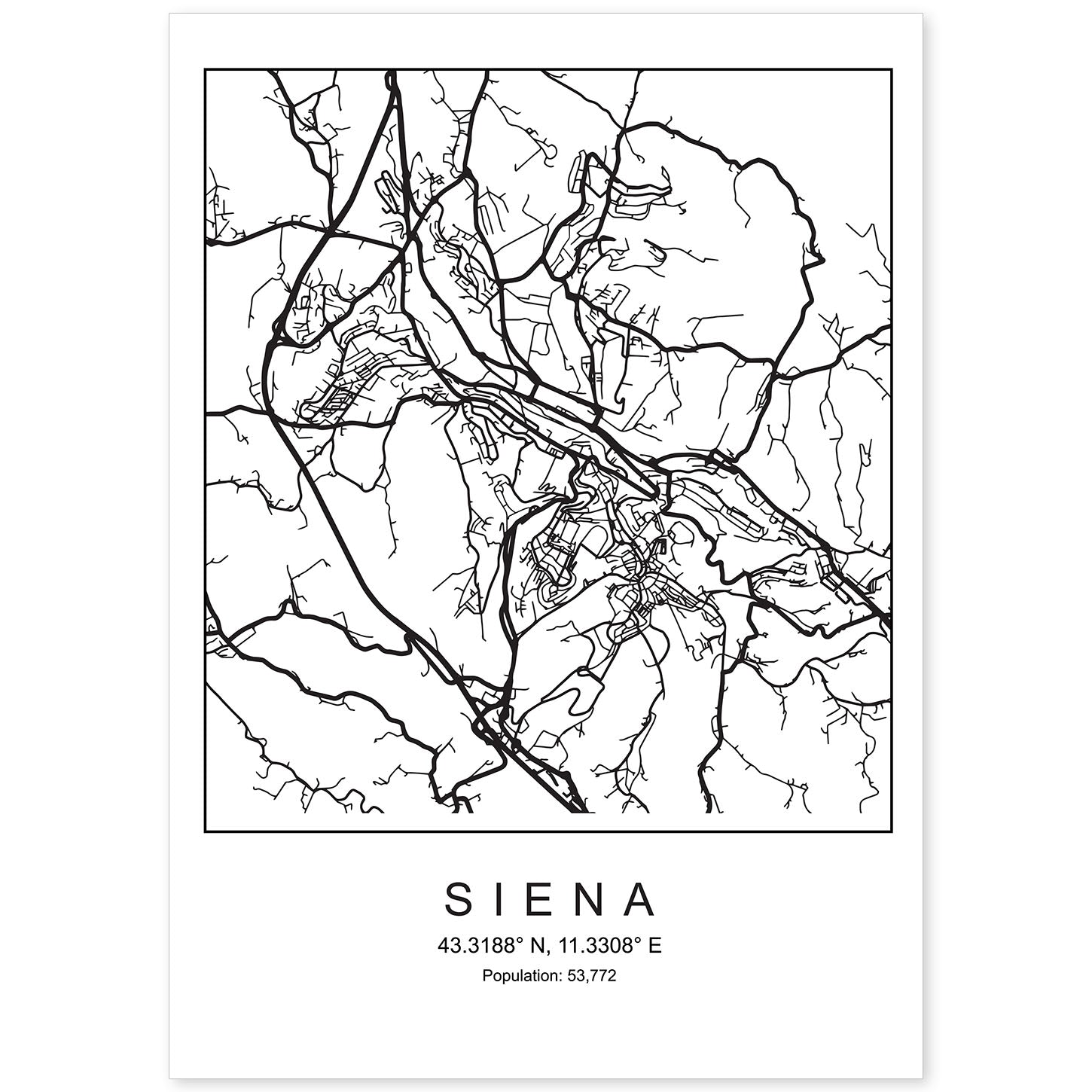 Lámina mapa de la ciudad Siena estilo nordico en blanco y negro.-Artwork-Nacnic-A4-Sin marco-Nacnic Estudio SL