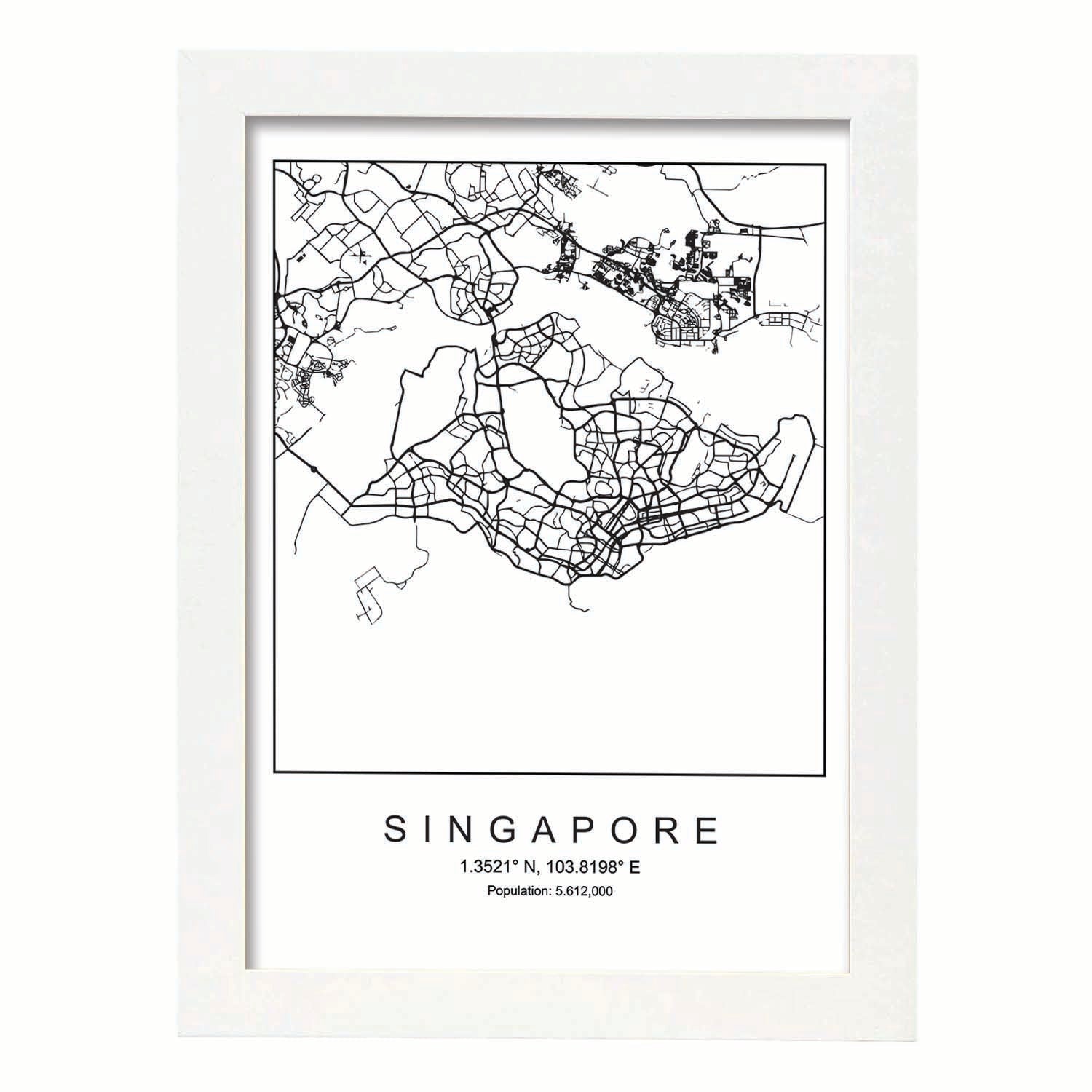 Lámina mapa de la ciudad Singapore estilo nordico en blanco y negro.-Artwork-Nacnic-A3-Marco Blanco-Nacnic Estudio SL