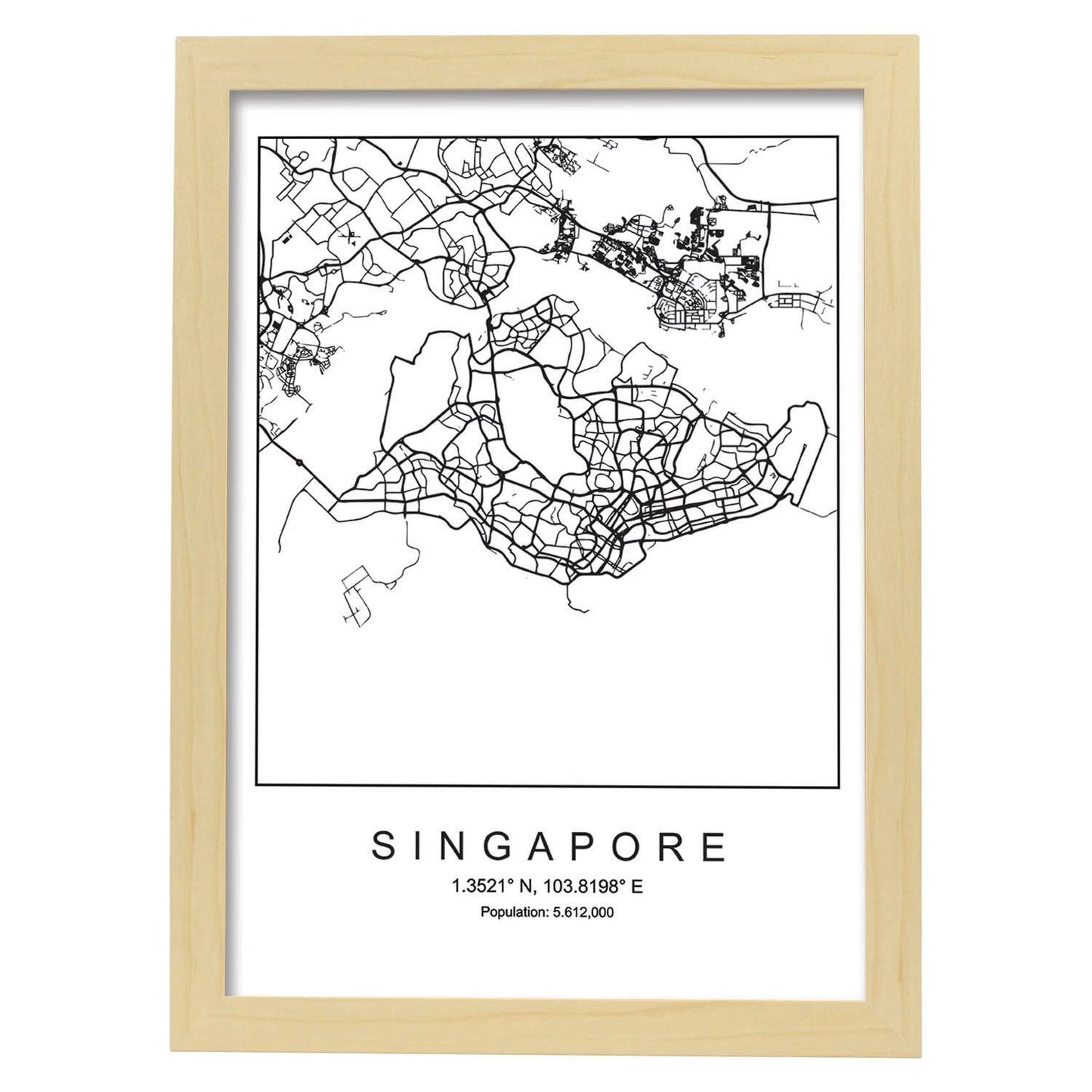 Lámina mapa de la ciudad Singapore estilo nordico en blanco y negro.-Artwork-Nacnic-A3-Marco Madera clara-Nacnic Estudio SL