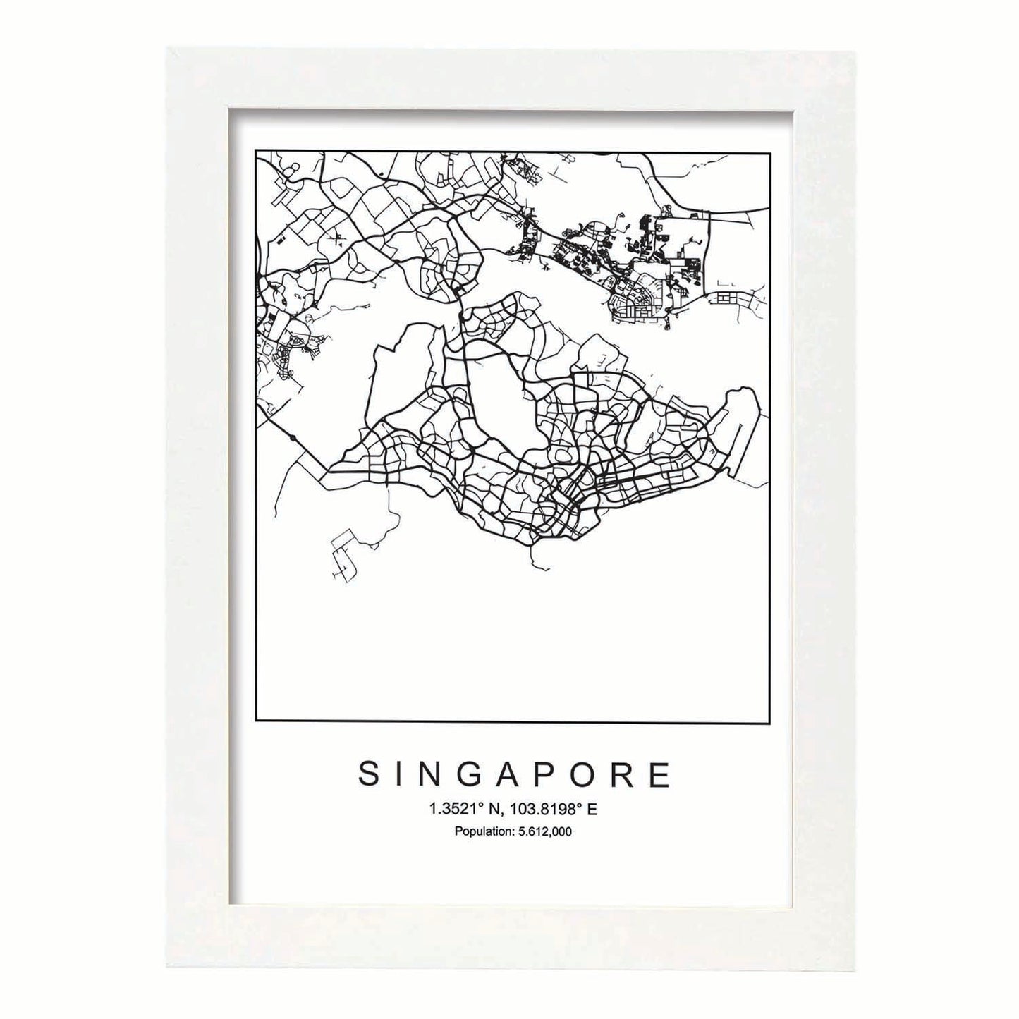 Lámina mapa de la ciudad Singapore estilo nordico en blanco y negro.-Artwork-Nacnic-A4-Marco Blanco-Nacnic Estudio SL