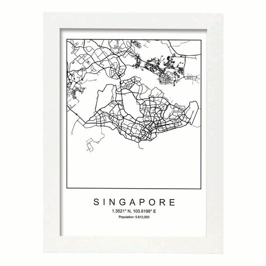 Lámina mapa de la ciudad Singapore estilo nordico en blanco y negro.-Artwork-Nacnic-A4-Marco Blanco-Nacnic Estudio SL