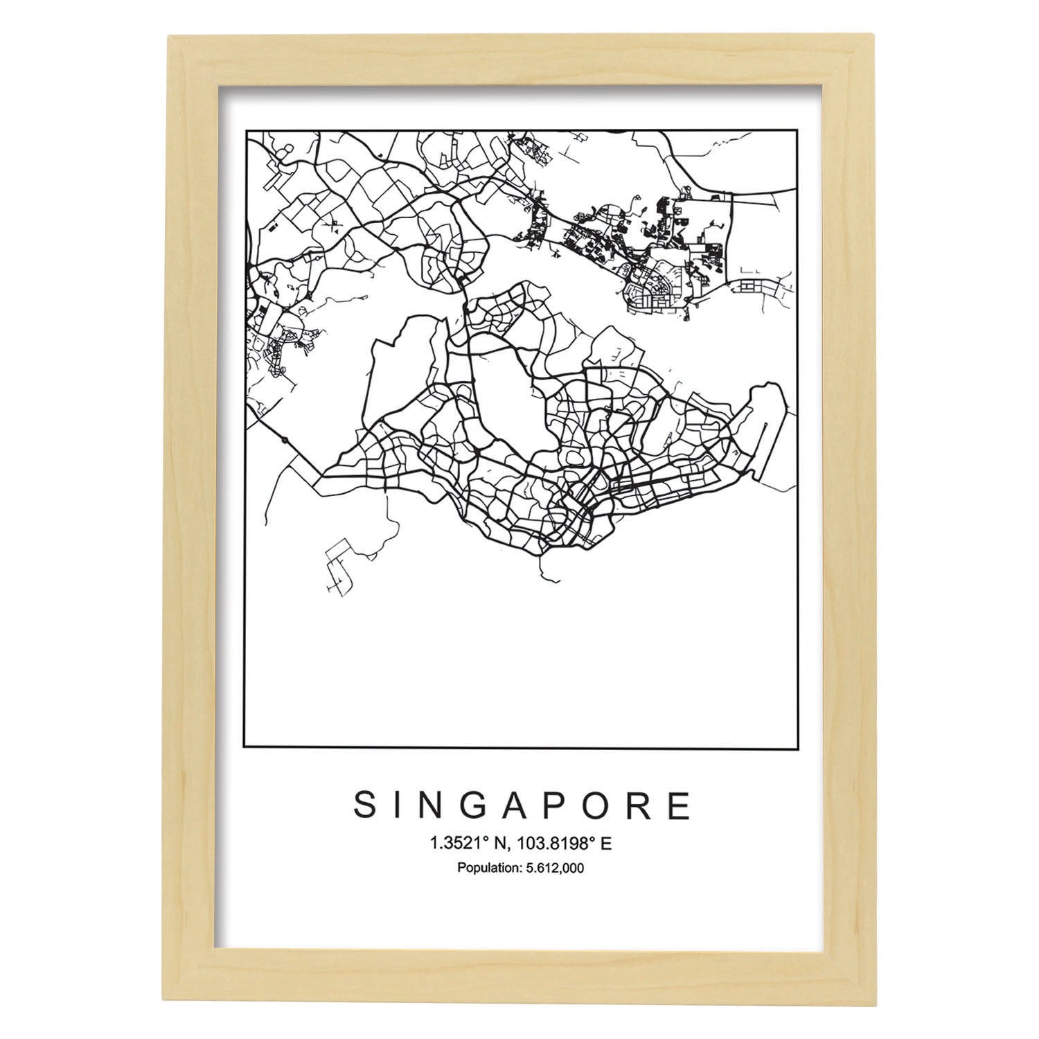 Lámina mapa de la ciudad Singapore estilo nordico en blanco y negro.-Artwork-Nacnic-A4-Marco Madera clara-Nacnic Estudio SL