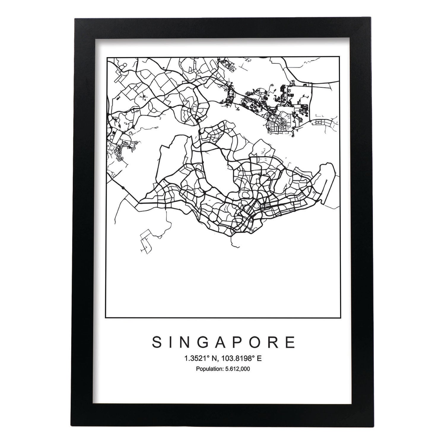 Lámina mapa de la ciudad Singapore estilo nordico en blanco y negro.-Artwork-Nacnic-A4-Marco Negro-Nacnic Estudio SL