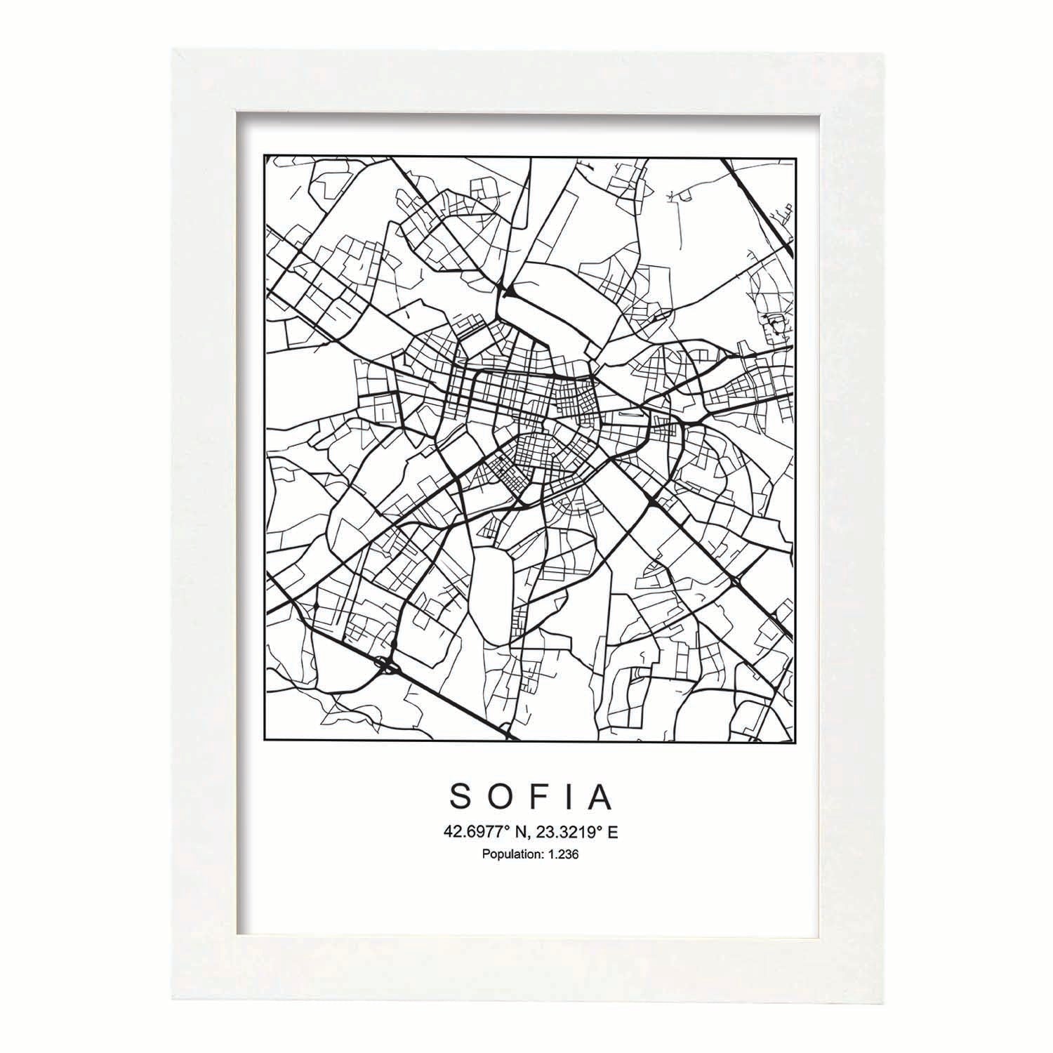 Lámina mapa de la ciudad Sofia estilo nordico en blanco y negro.-Artwork-Nacnic-A3-Marco Blanco-Nacnic Estudio SL