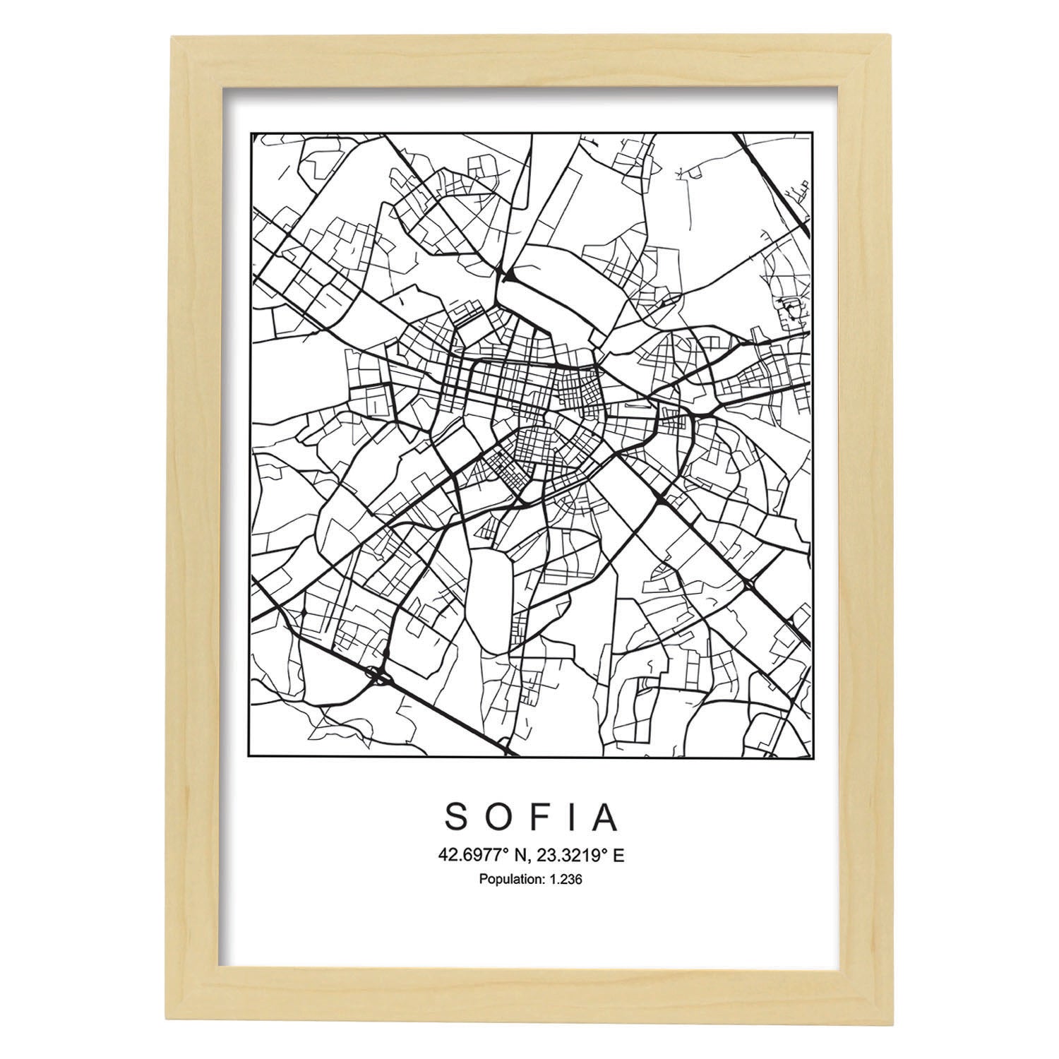 Lámina mapa de la ciudad Sofia estilo nordico en blanco y negro.-Artwork-Nacnic-A3-Marco Madera clara-Nacnic Estudio SL