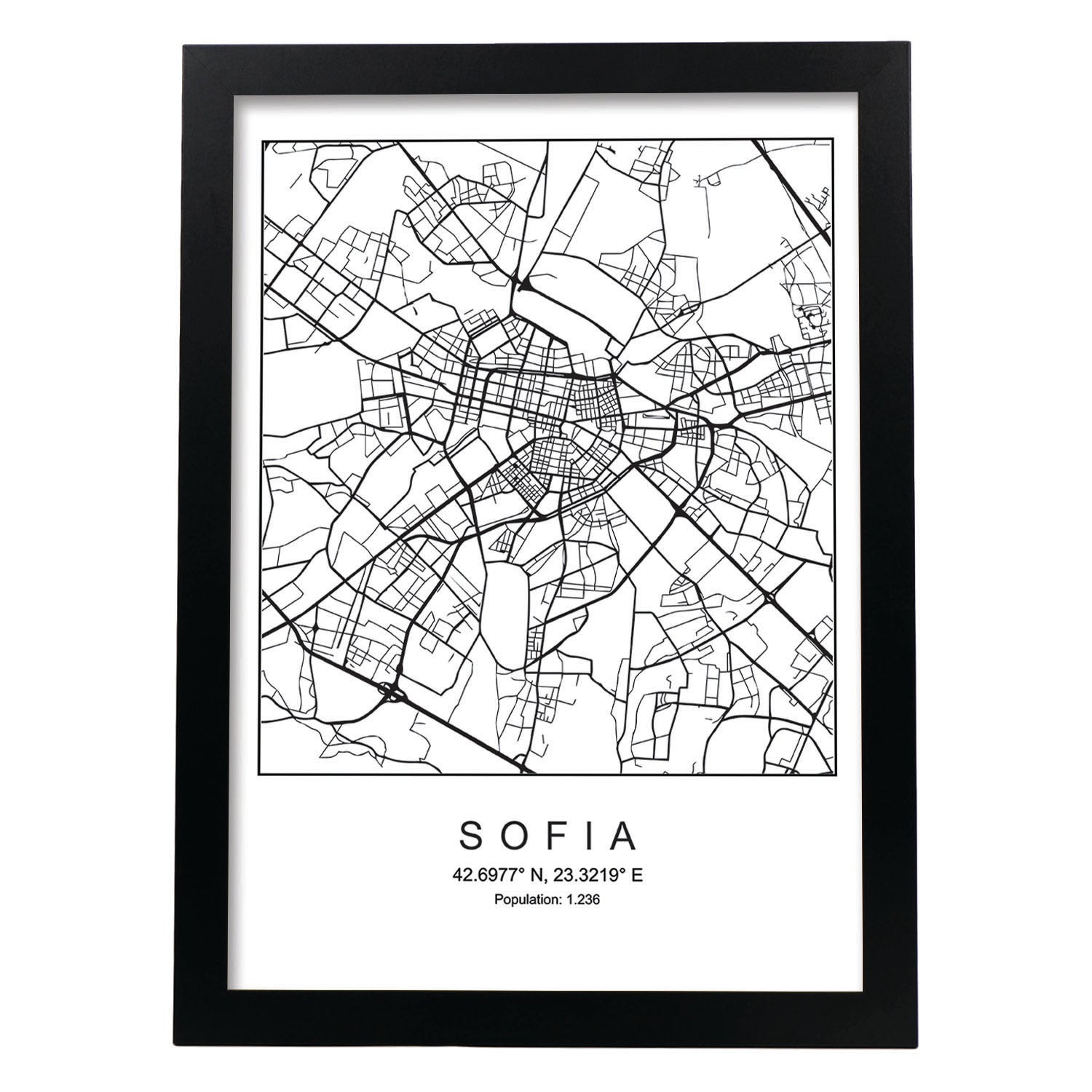 Lámina mapa de la ciudad Sofia estilo nordico en blanco y negro.-Artwork-Nacnic-A3-Marco Negro-Nacnic Estudio SL