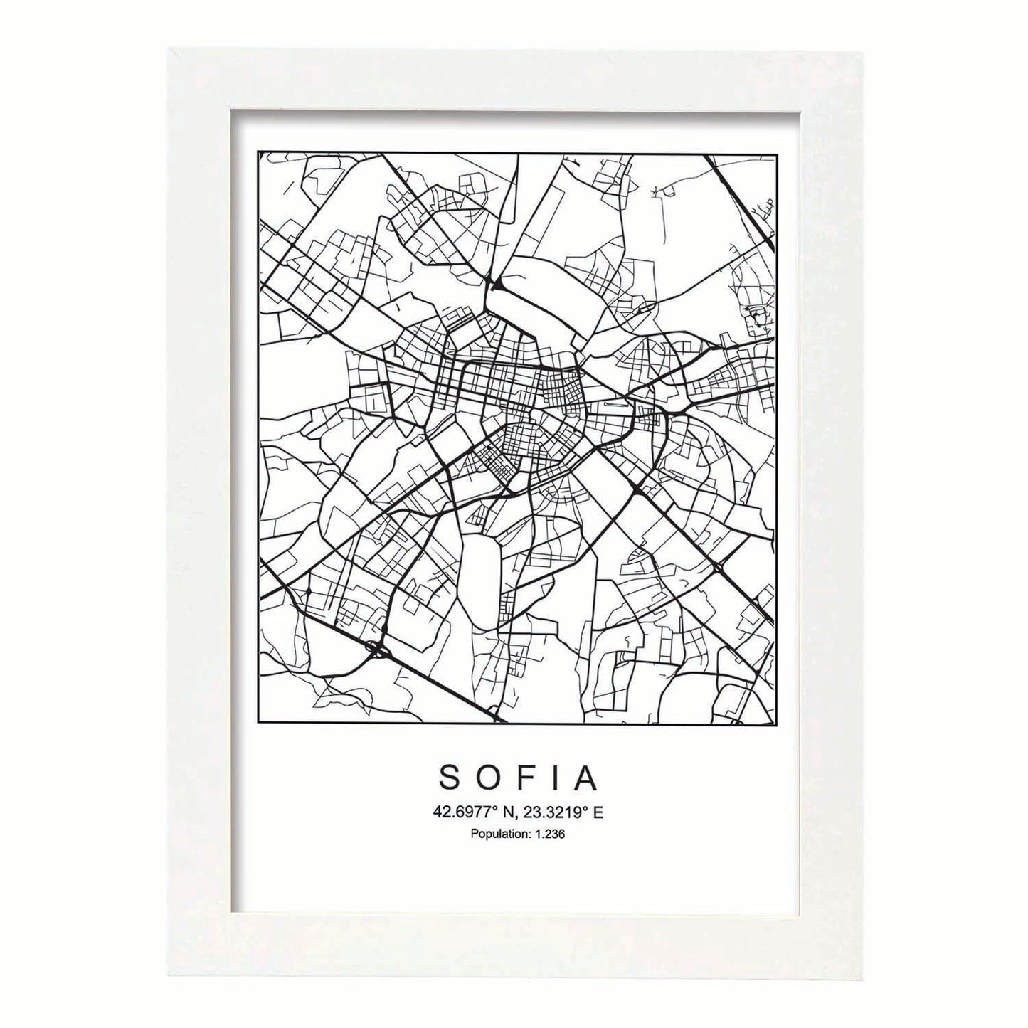 Lámina mapa de la ciudad Sofia estilo nordico en blanco y negro.-Artwork-Nacnic-A4-Marco Blanco-Nacnic Estudio SL