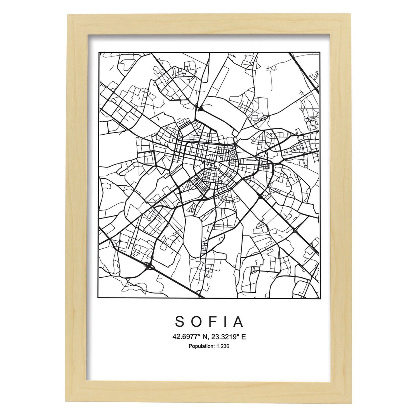 Lámina mapa de la ciudad Sofia estilo nordico en blanco y negro.-Artwork-Nacnic-A4-Marco Madera clara-Nacnic Estudio SL