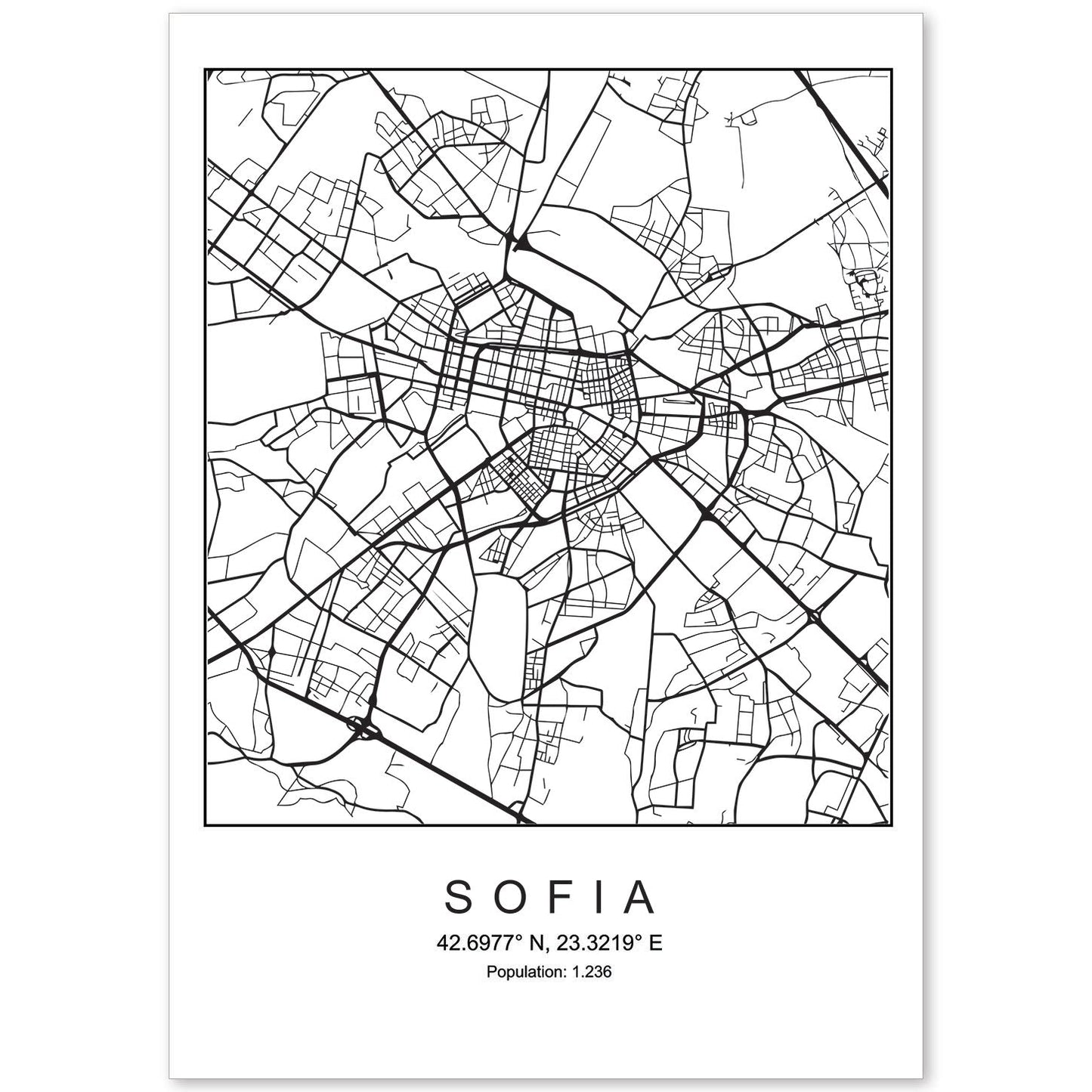 Lámina mapa de la ciudad Sofia estilo nordico en blanco y negro.-Artwork-Nacnic-A4-Sin marco-Nacnic Estudio SL
