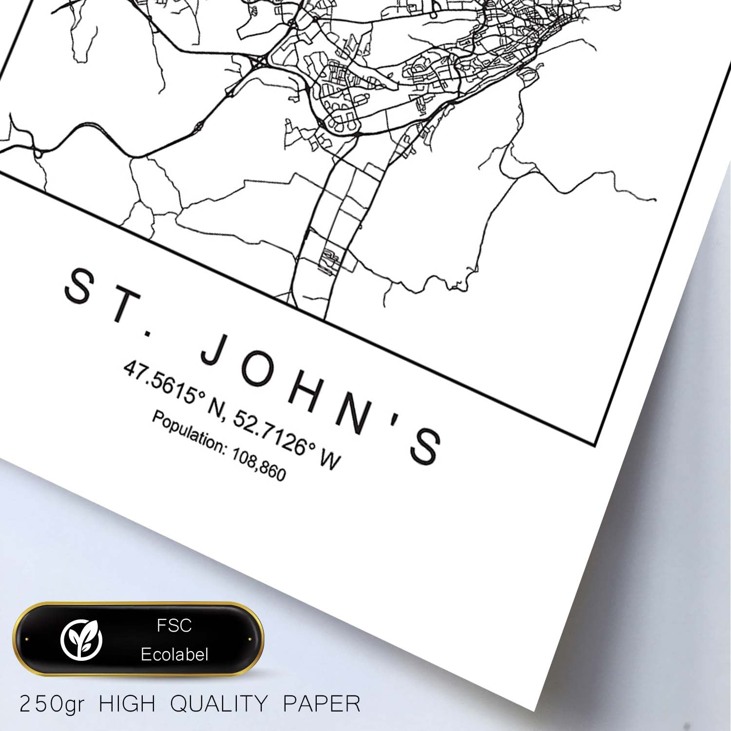 Lámina mapa de la ciudad St. John's estilo nordico en blanco y negro.-Artwork-Nacnic-Nacnic Estudio SL