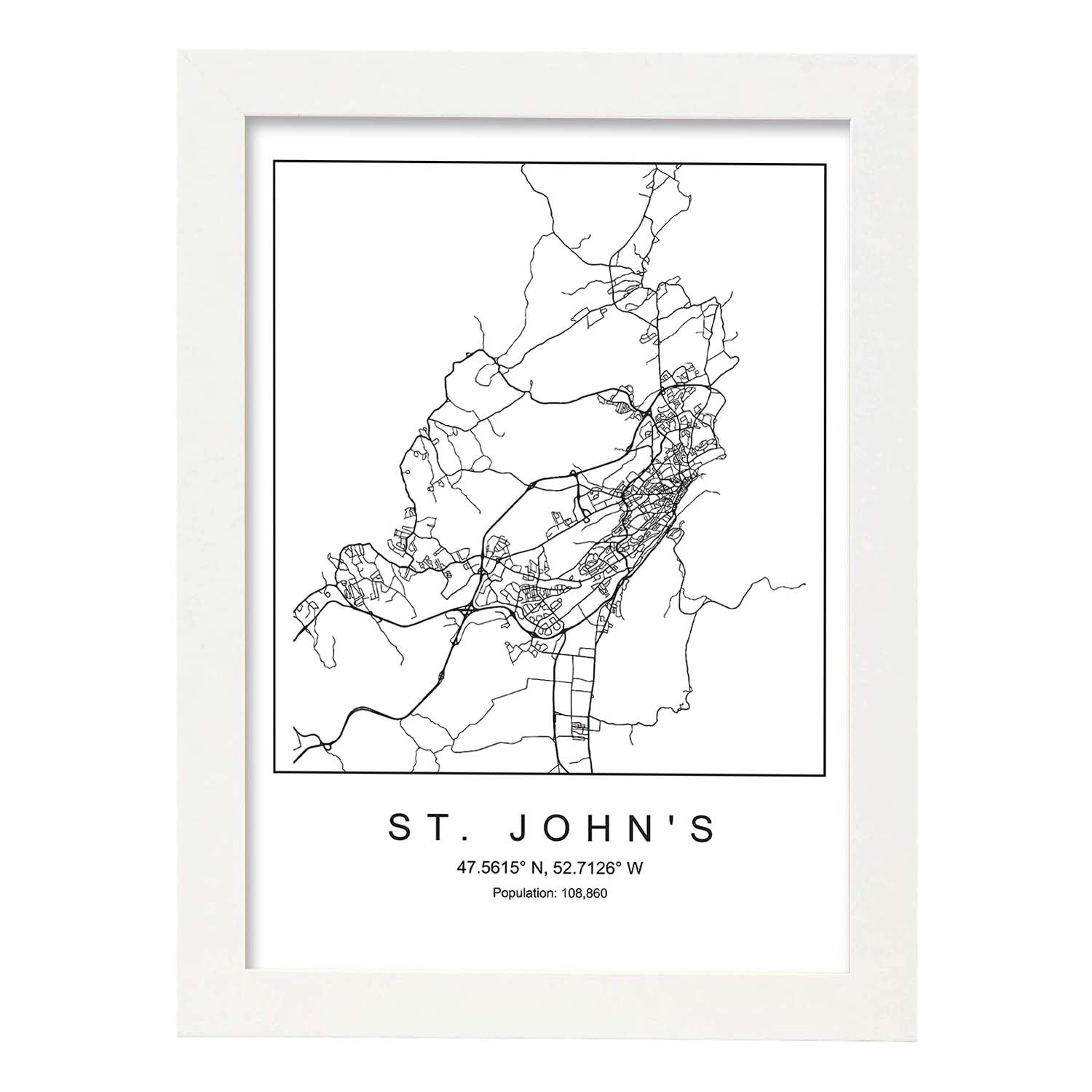 Lámina mapa de la ciudad St. John's estilo nordico en blanco y negro.-Artwork-Nacnic-A3-Marco Blanco-Nacnic Estudio SL