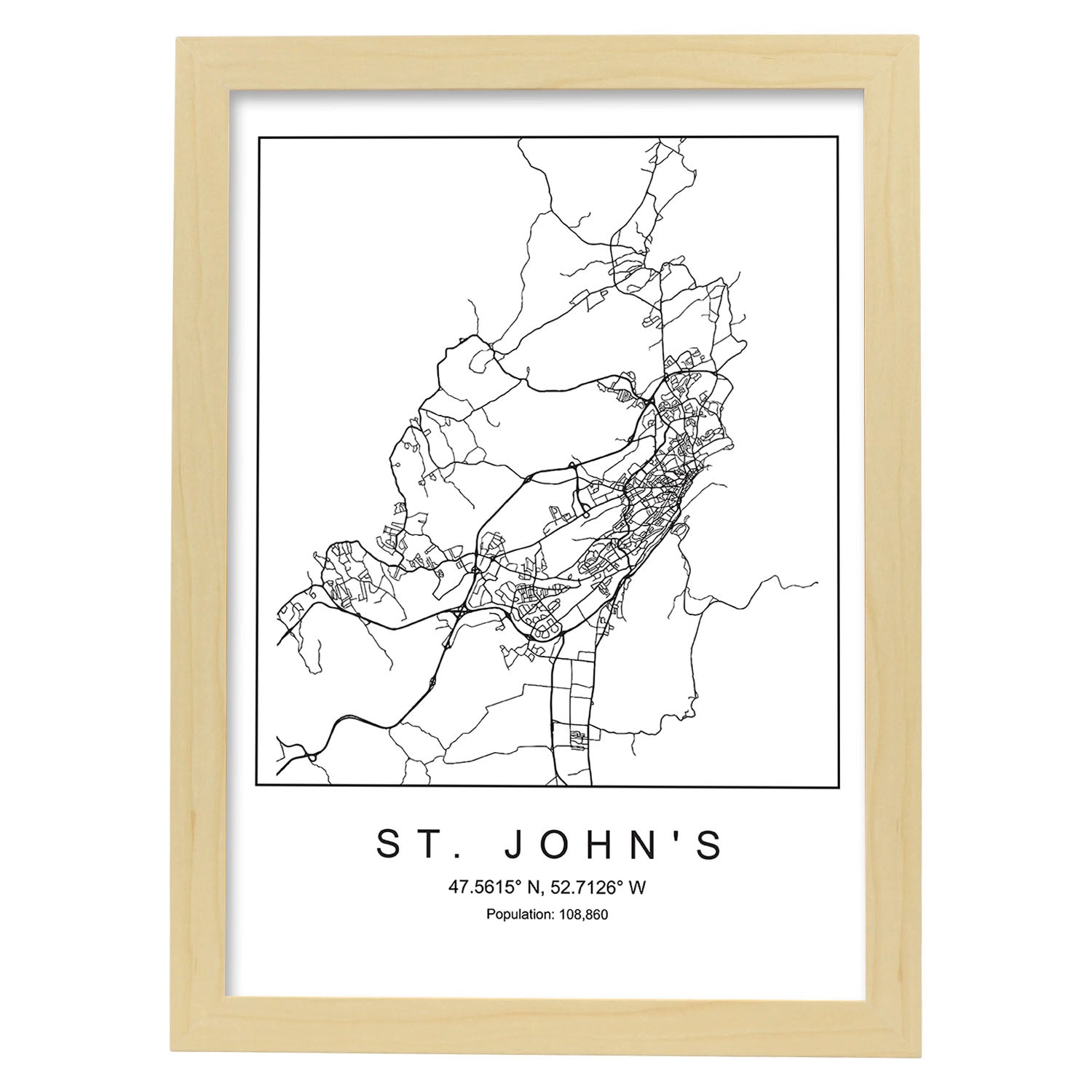 Lámina mapa de la ciudad St. John's estilo nordico en blanco y negro.-Artwork-Nacnic-A3-Marco Madera clara-Nacnic Estudio SL