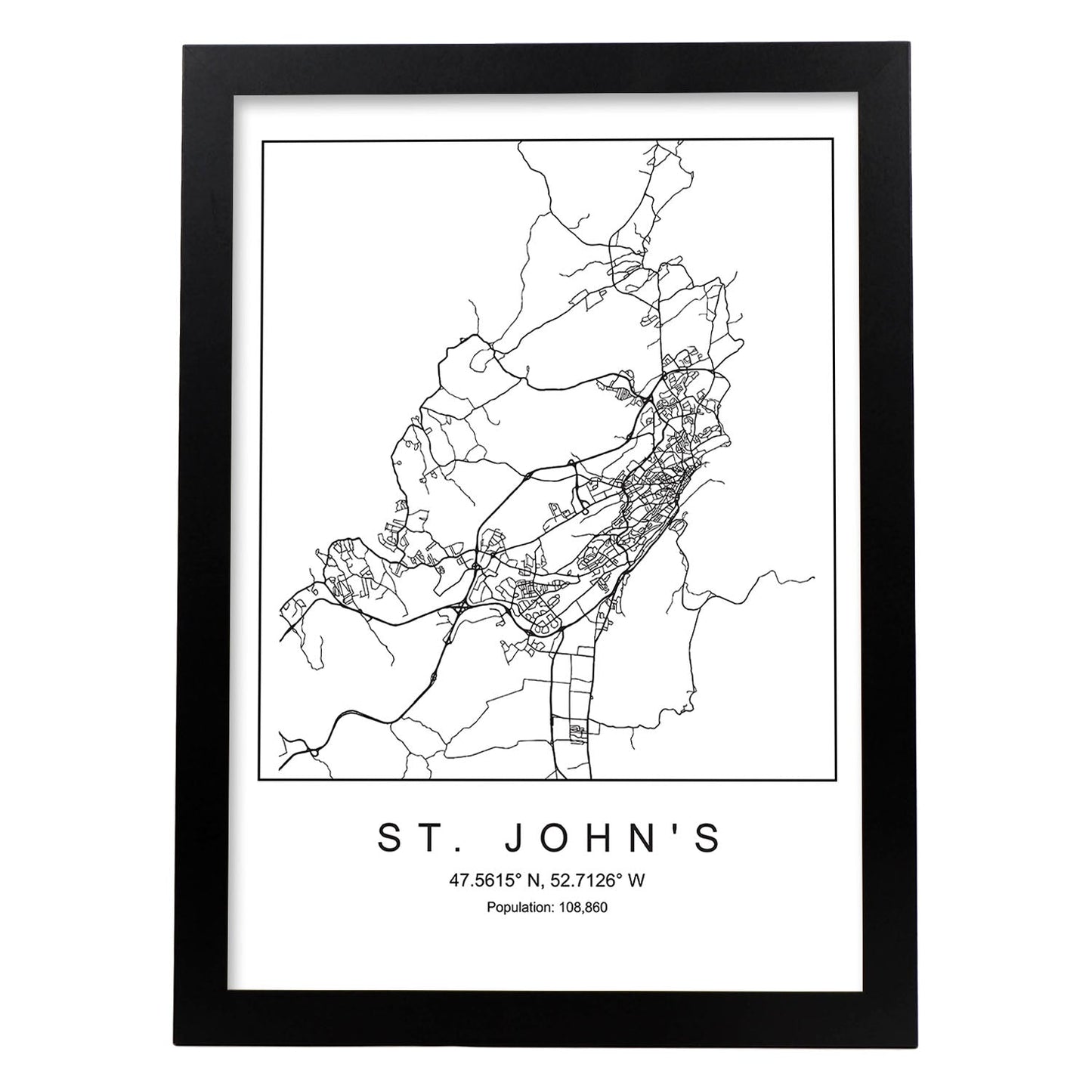 Lámina mapa de la ciudad St. John's estilo nordico en blanco y negro.-Artwork-Nacnic-A3-Marco Negro-Nacnic Estudio SL