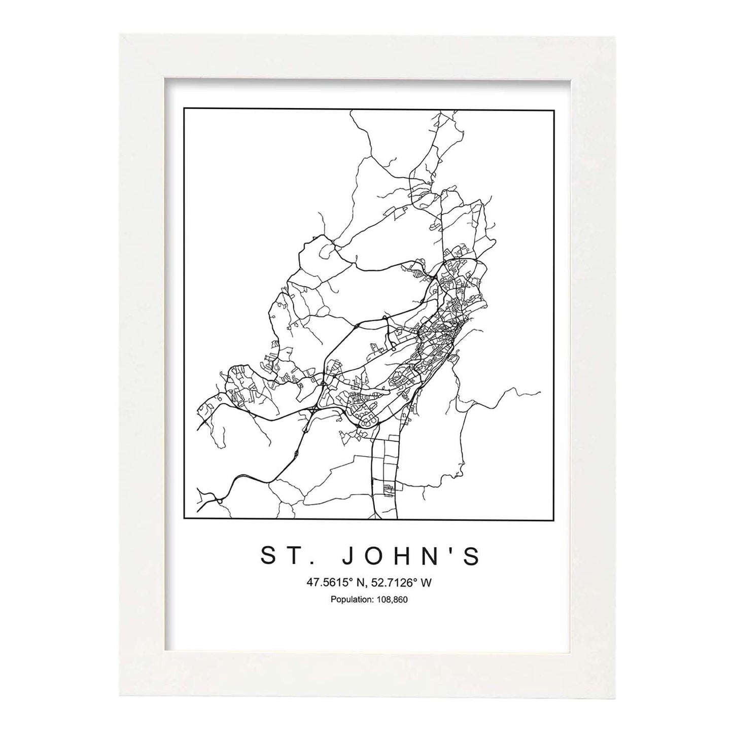 Lámina mapa de la ciudad St. John's estilo nordico en blanco y negro.-Artwork-Nacnic-A4-Marco Blanco-Nacnic Estudio SL