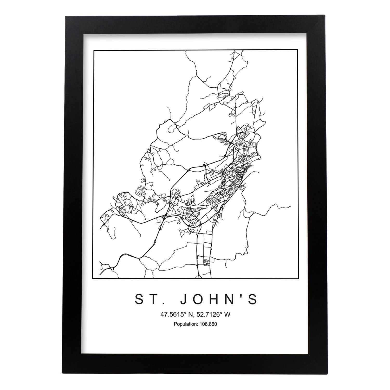 Lámina mapa de la ciudad St. John's estilo nordico en blanco y negro.-Artwork-Nacnic-A4-Marco Negro-Nacnic Estudio SL