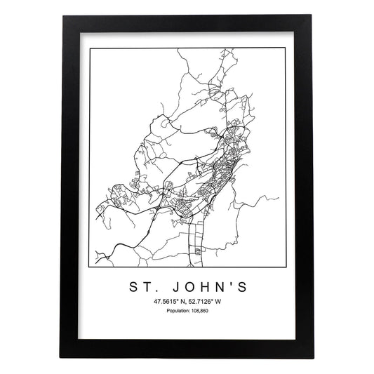 Lámina mapa de la ciudad St. John's estilo nordico en blanco y negro.-Artwork-Nacnic-A4-Marco Negro-Nacnic Estudio SL