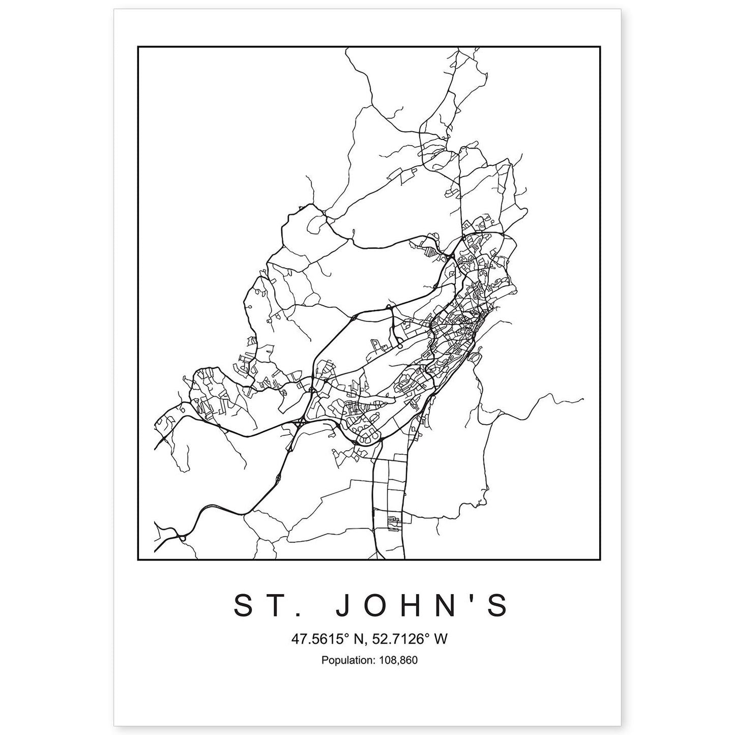 Lámina mapa de la ciudad St. John's estilo nordico en blanco y negro.-Artwork-Nacnic-A4-Sin marco-Nacnic Estudio SL