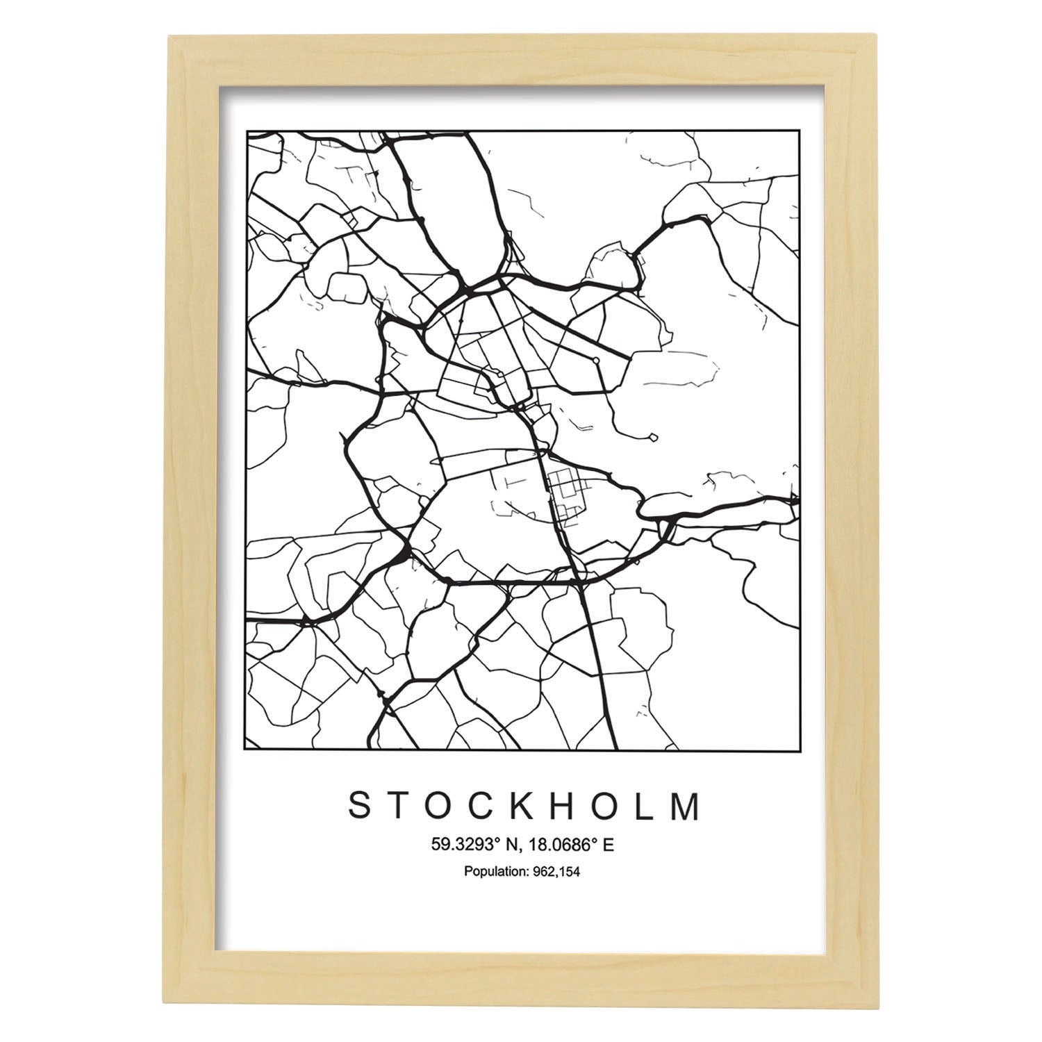 Lámina mapa de la ciudad Stockholm estilo nordico en blanco y negro.-Artwork-Nacnic-A3-Marco Madera clara-Nacnic Estudio SL