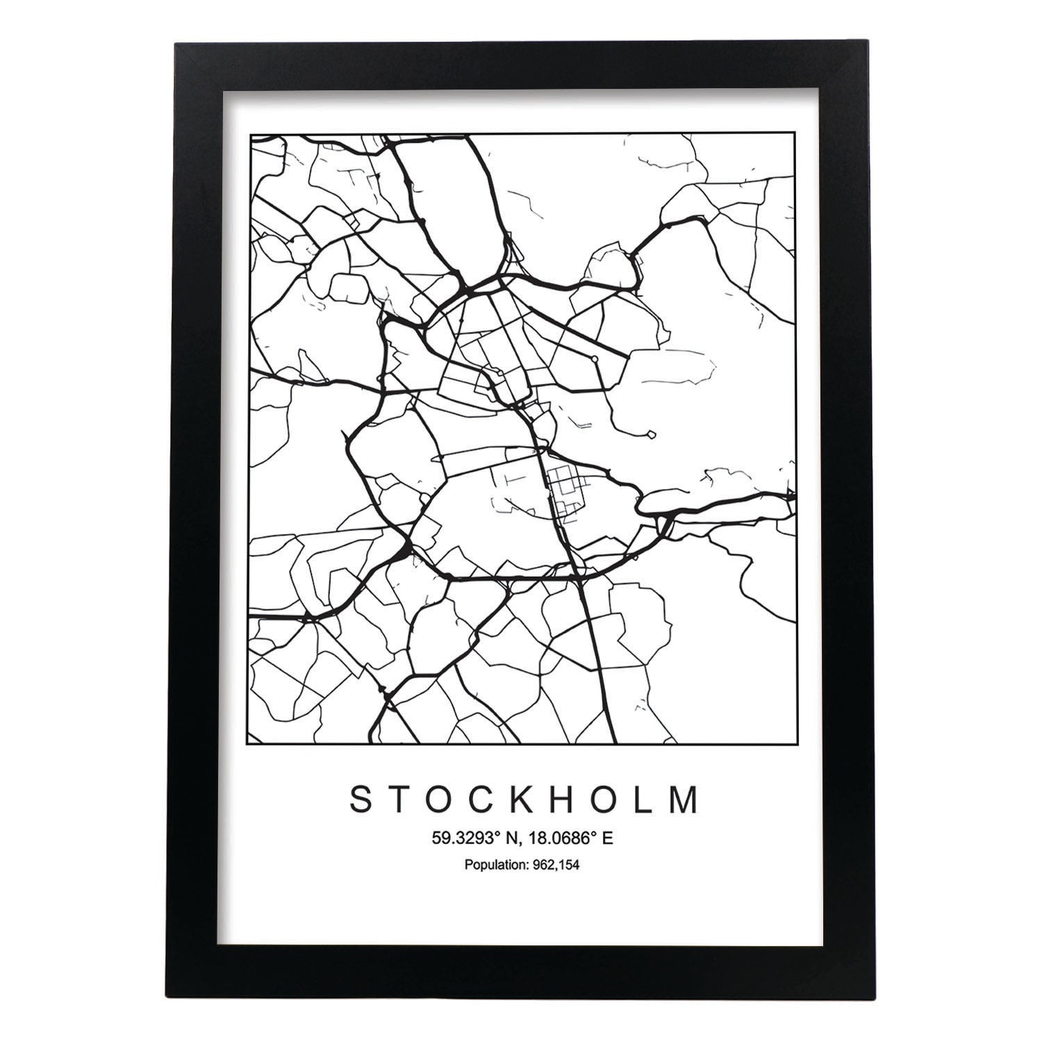 Lámina mapa de la ciudad Stockholm estilo nordico en blanco y negro.-Artwork-Nacnic-A3-Marco Negro-Nacnic Estudio SL
