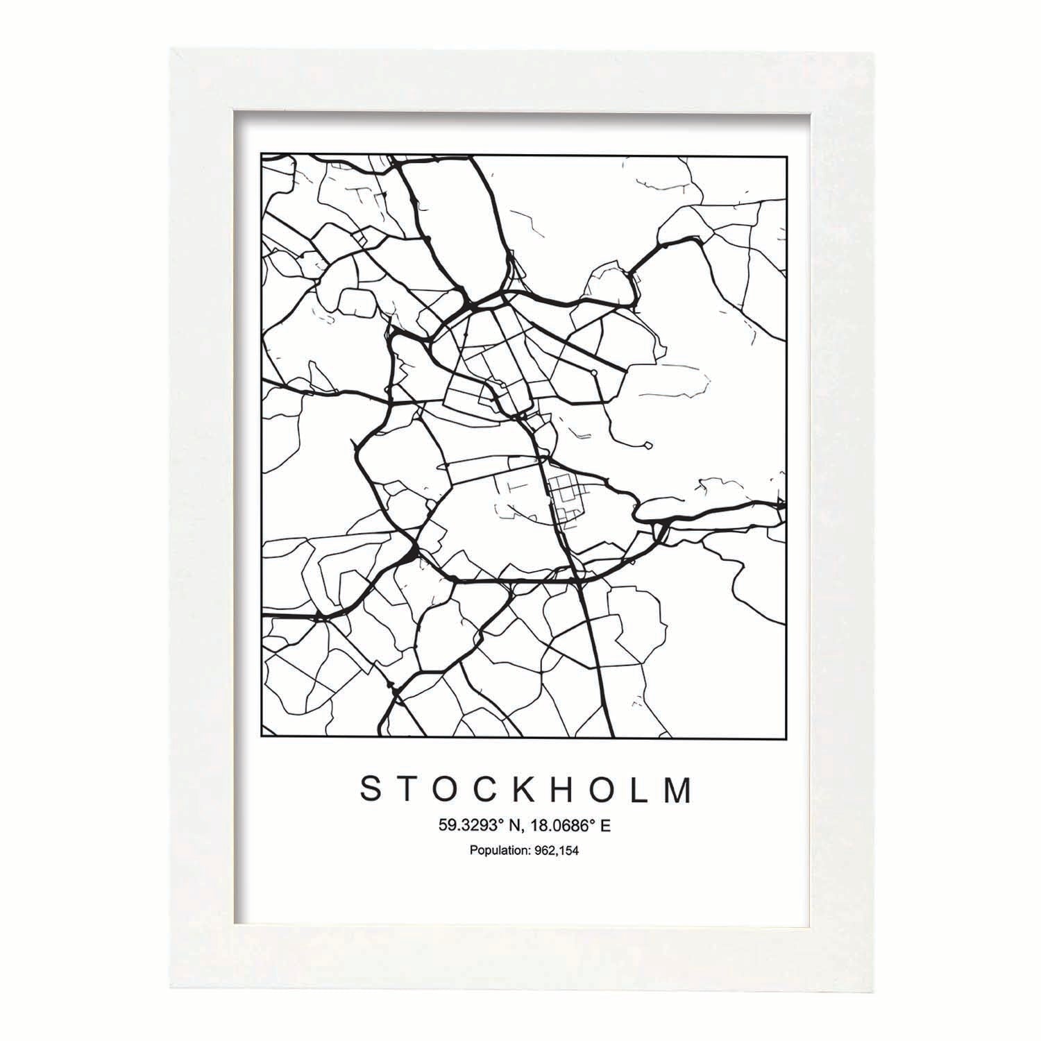 Lámina mapa de la ciudad Stockholm estilo nordico en blanco y negro.-Artwork-Nacnic-A4-Marco Blanco-Nacnic Estudio SL