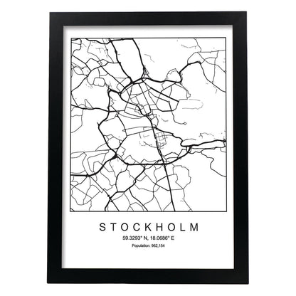 Lámina mapa de la ciudad Stockholm estilo nordico en blanco y negro.-Artwork-Nacnic-A4-Marco Negro-Nacnic Estudio SL