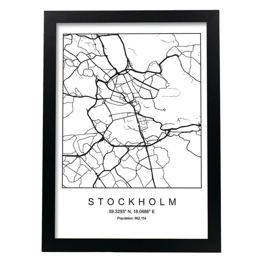 Lámina mapa de la ciudad Stockholm estilo nordico en blanco y negro.-Artwork-Nacnic-A4-Marco Negro-Nacnic Estudio SL