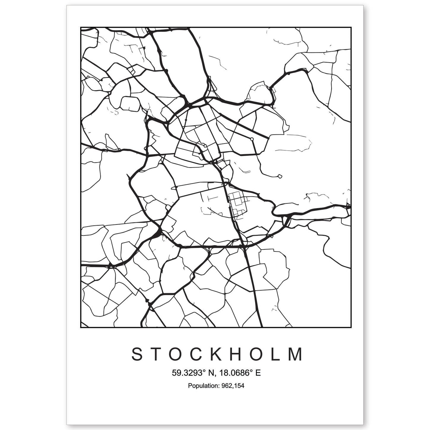 Lámina mapa de la ciudad Stockholm estilo nordico en blanco y negro.-Artwork-Nacnic-A4-Sin marco-Nacnic Estudio SL