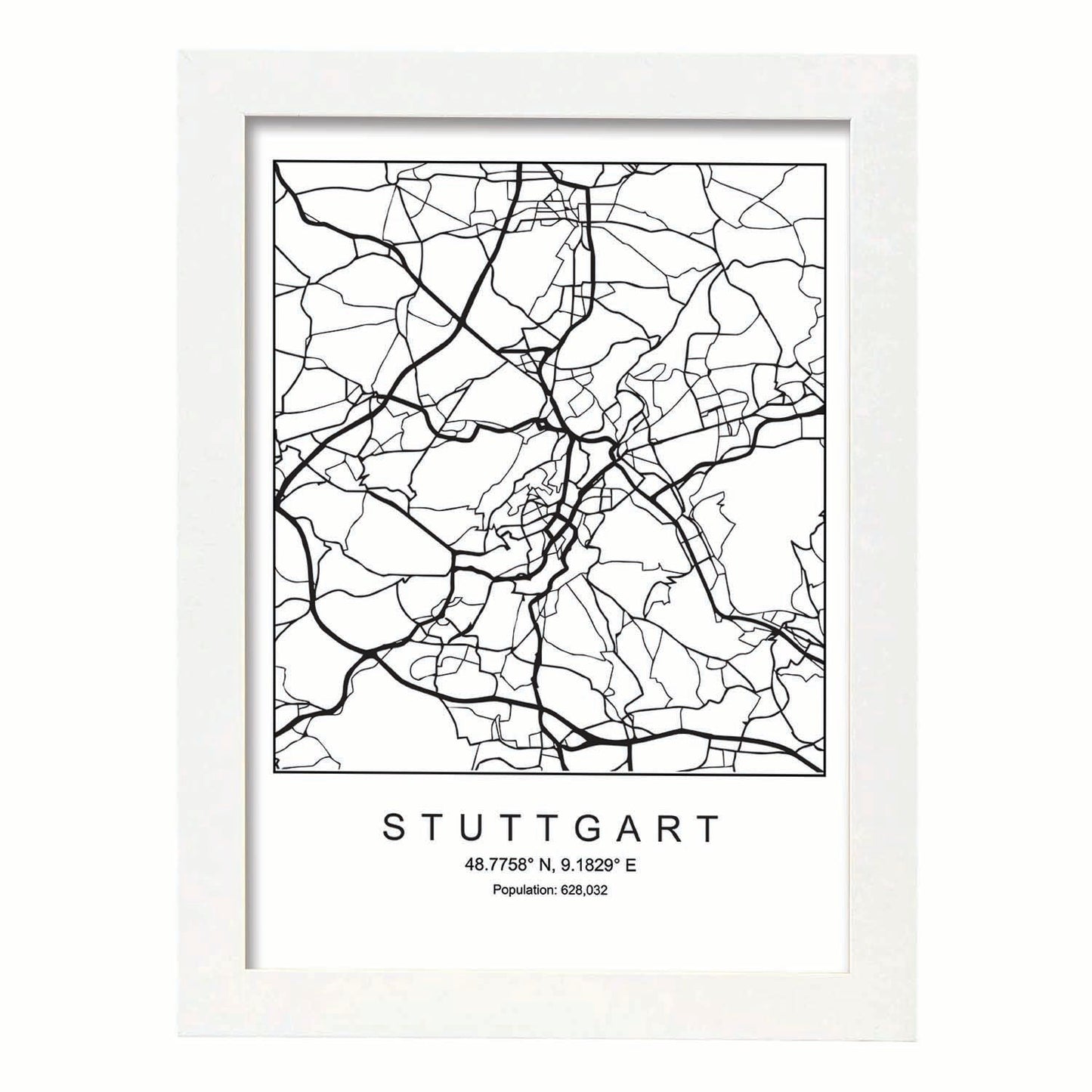 Lámina Mapa de la Ciudad Stuttgart Estilo nordico en Blanco y negro.-Artwork-Nacnic-A3-Marco Blanco-Nacnic Estudio SL