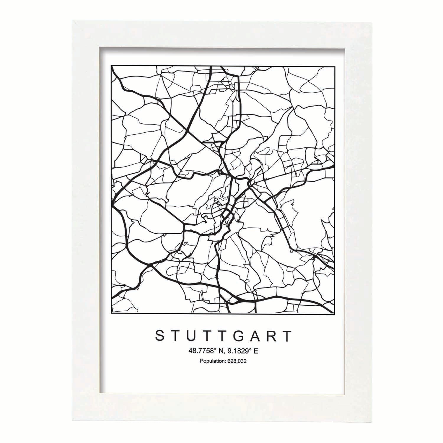 Lámina Mapa de la Ciudad Stuttgart Estilo nordico en Blanco y negro.-Artwork-Nacnic-A3-Marco Blanco-Nacnic Estudio SL