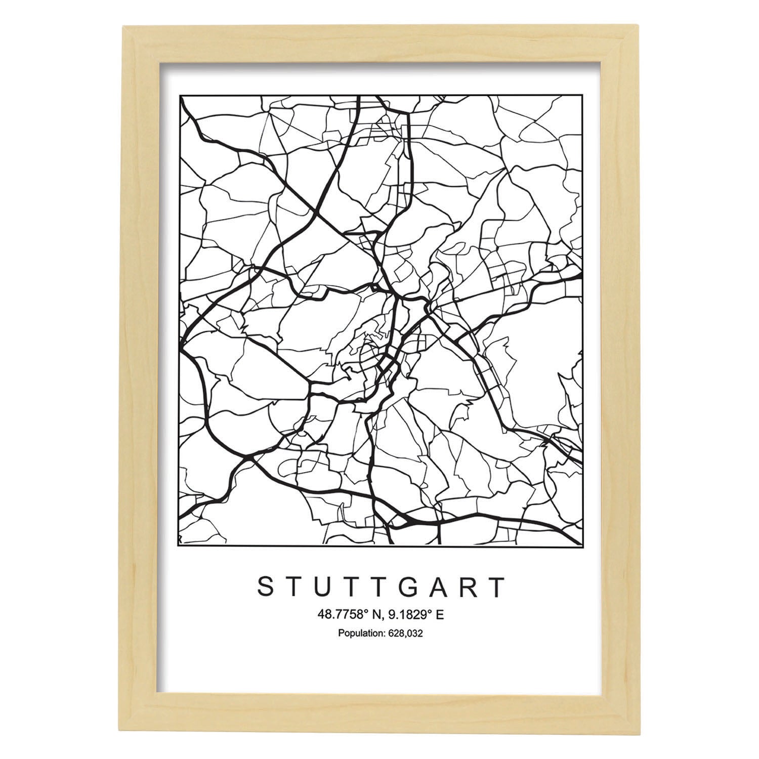 Lámina Mapa de la Ciudad Stuttgart Estilo nordico en Blanco y negro.-Artwork-Nacnic-A3-Marco Madera clara-Nacnic Estudio SL