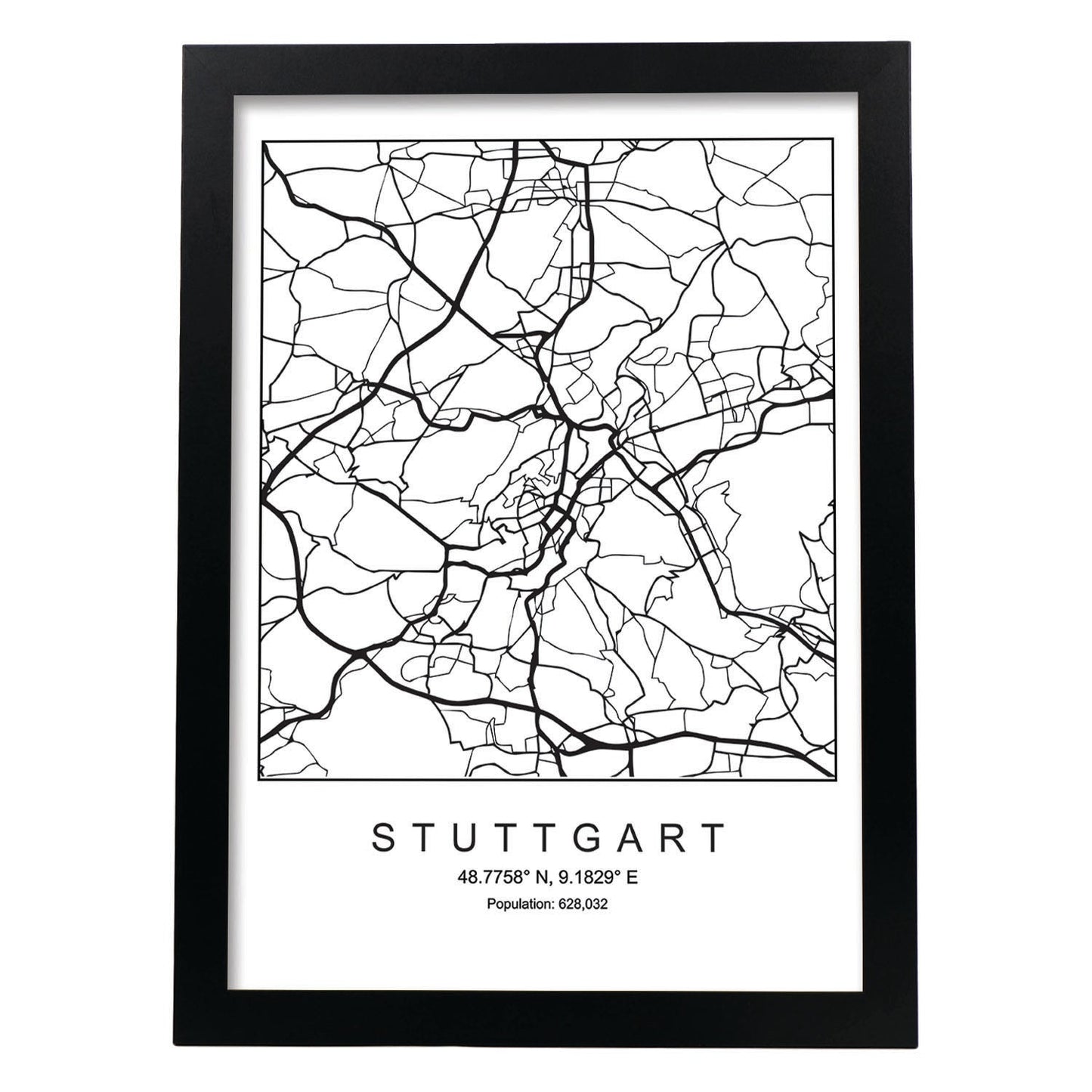 Lámina Mapa de la Ciudad Stuttgart Estilo nordico en Blanco y negro.-Artwork-Nacnic-A3-Marco Negro-Nacnic Estudio SL