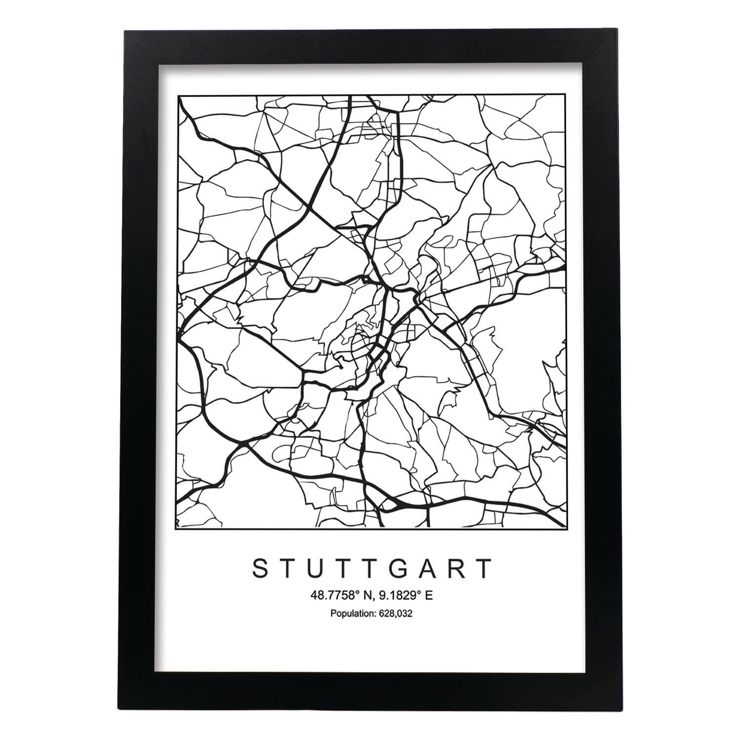Lámina Mapa de la Ciudad Stuttgart Estilo nordico en Blanco y negro.-Artwork-Nacnic-A4-Marco Negro-Nacnic Estudio SL