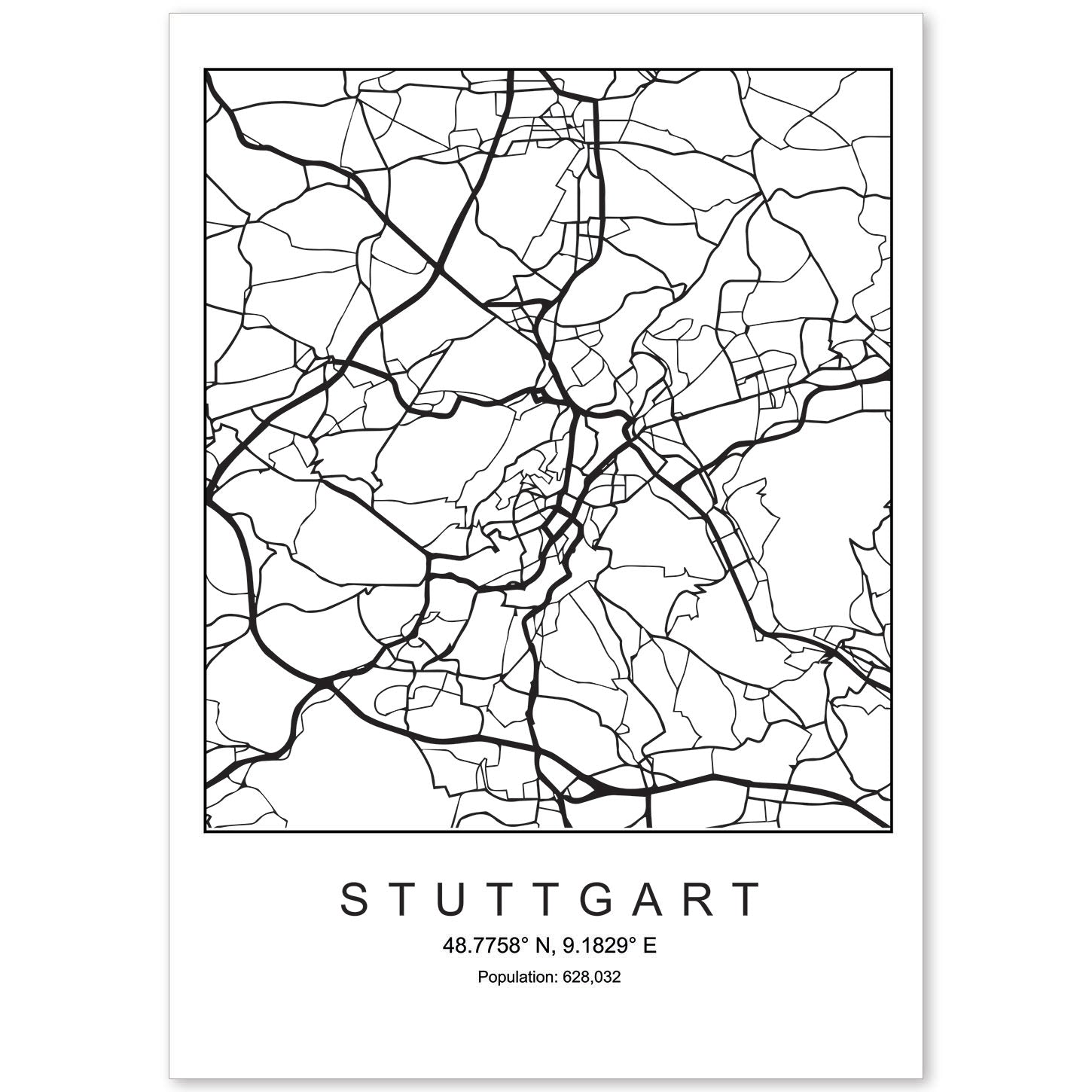 Lámina Mapa de la Ciudad Stuttgart Estilo nordico en Blanco y negro.-Artwork-Nacnic-A4-Sin marco-Nacnic Estudio SL