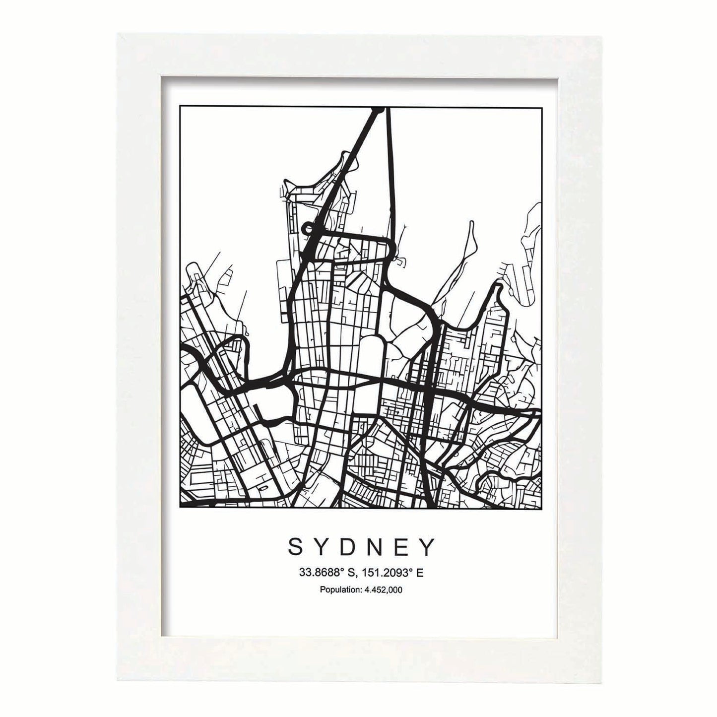 Lámina Mapa de la Ciudad Sydney Estilo nordico en Blanco y negro.-Artwork-Nacnic-A3-Marco Blanco-Nacnic Estudio SL