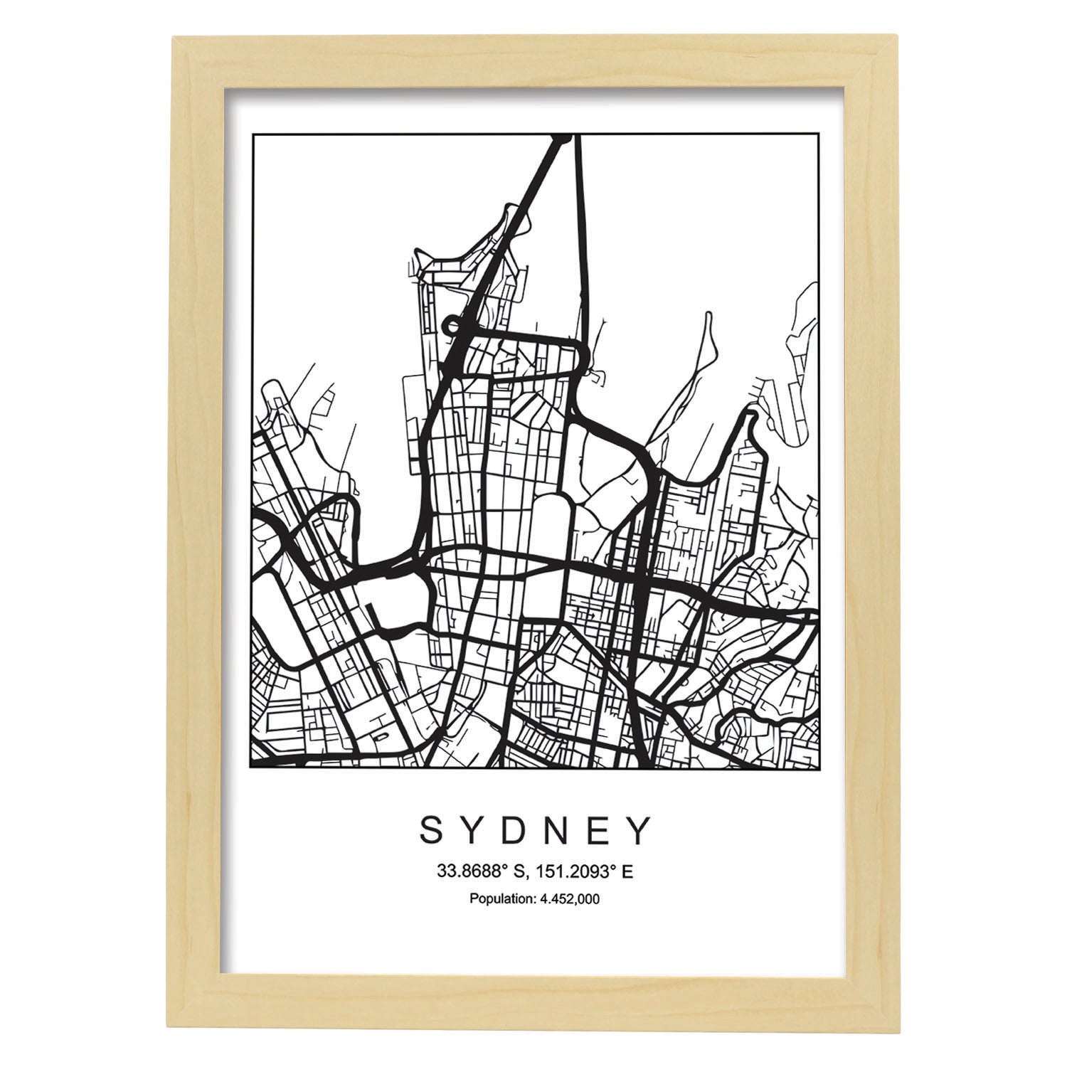 Lámina Mapa de la Ciudad Sydney Estilo nordico en Blanco y negro.-Artwork-Nacnic-A3-Marco Madera clara-Nacnic Estudio SL