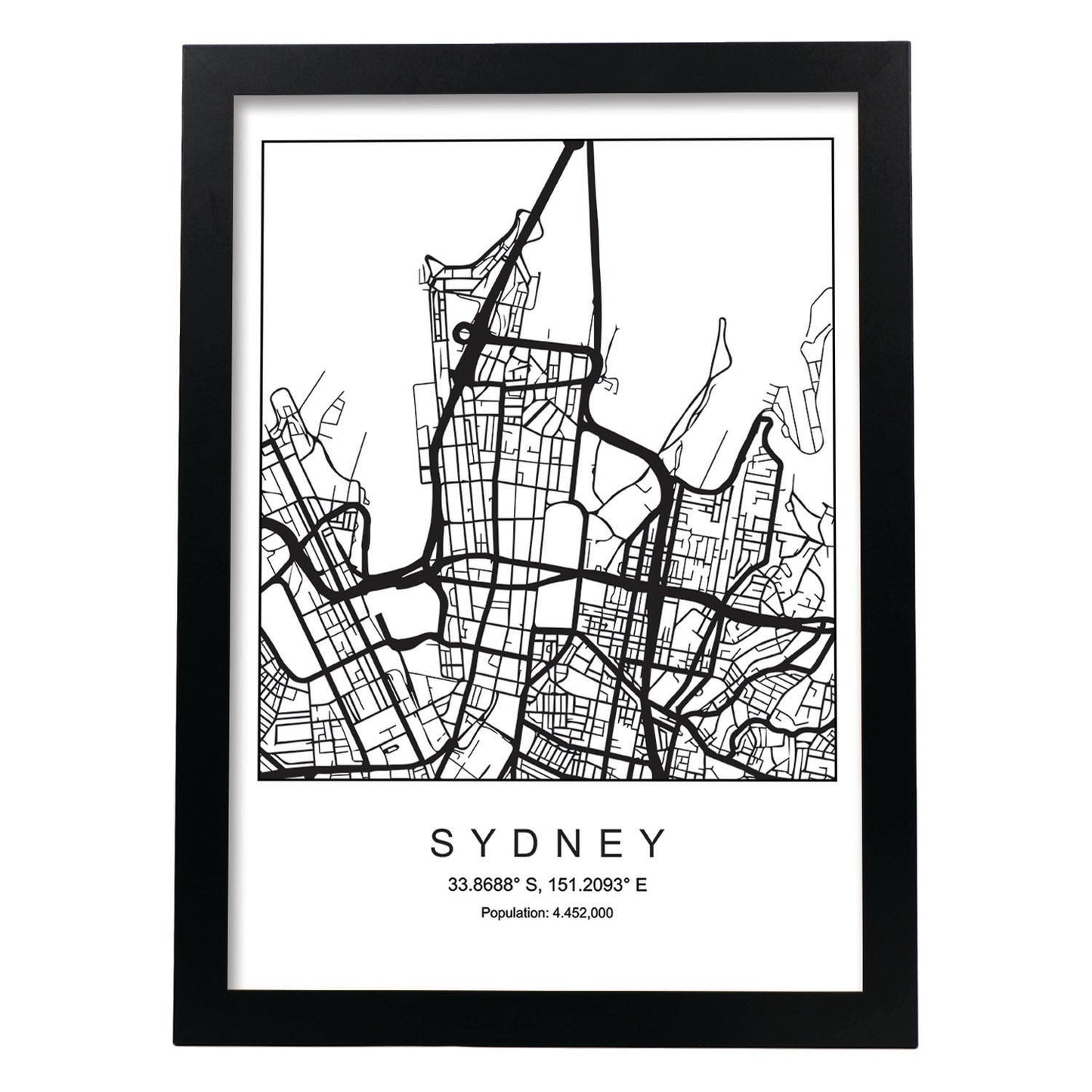 Lámina Mapa de la Ciudad Sydney Estilo nordico en Blanco y negro.-Artwork-Nacnic-A3-Marco Negro-Nacnic Estudio SL