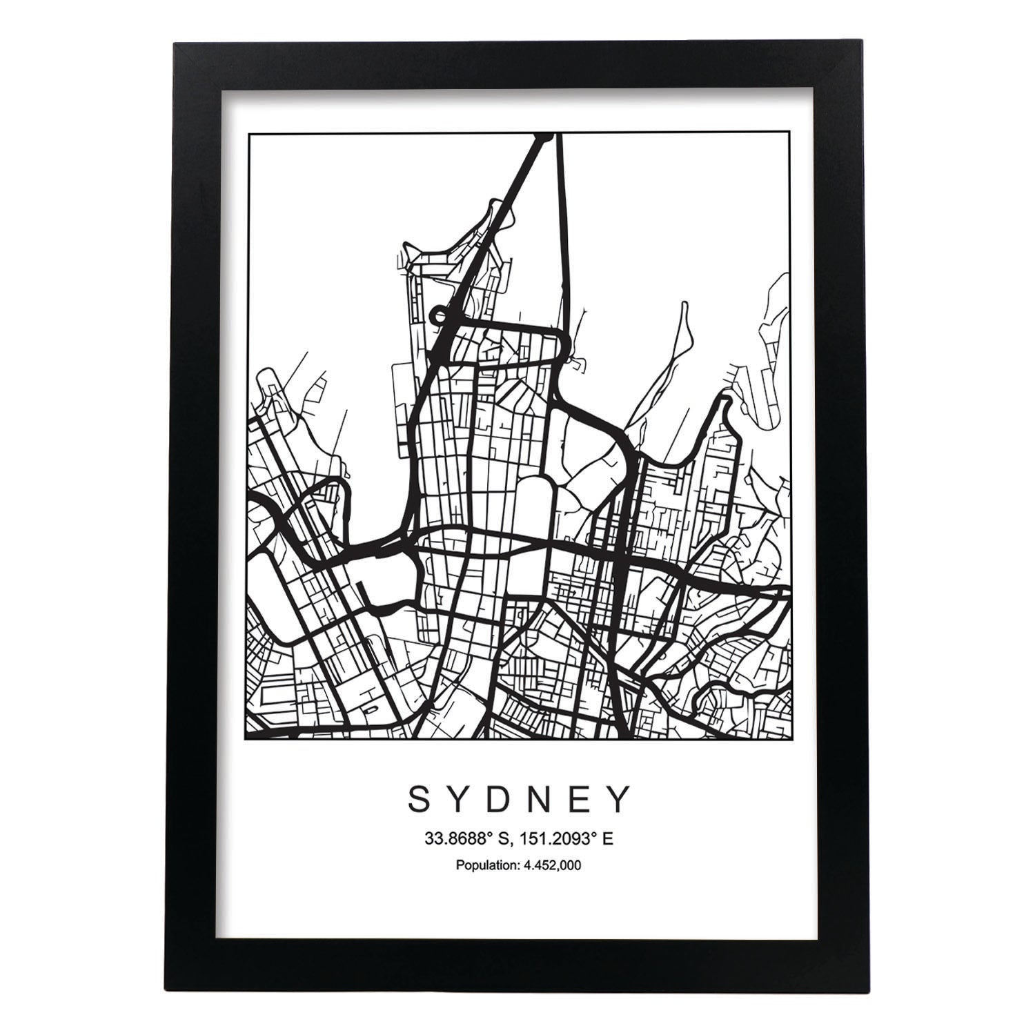 Lámina Mapa de la Ciudad Sydney Estilo nordico en Blanco y negro.-Artwork-Nacnic-A3-Marco Negro-Nacnic Estudio SL