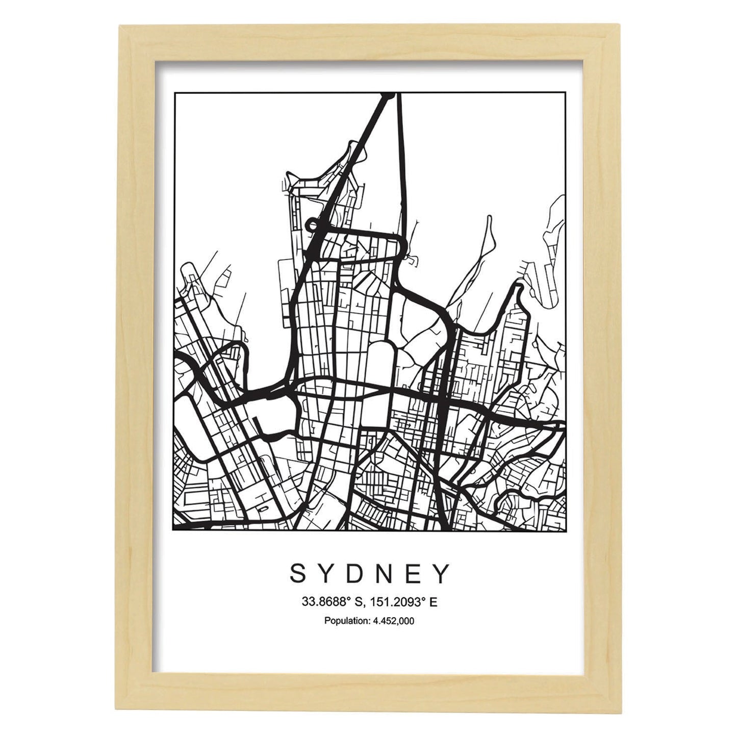 Lámina Mapa de la Ciudad Sydney Estilo nordico en Blanco y negro.-Artwork-Nacnic-A4-Marco Madera clara-Nacnic Estudio SL