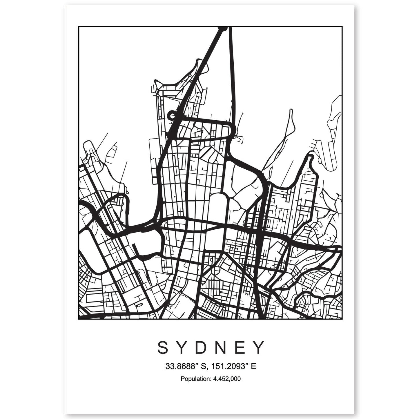 Lámina Mapa de la Ciudad Sydney Estilo nordico en Blanco y negro.-Artwork-Nacnic-A4-Sin marco-Nacnic Estudio SL