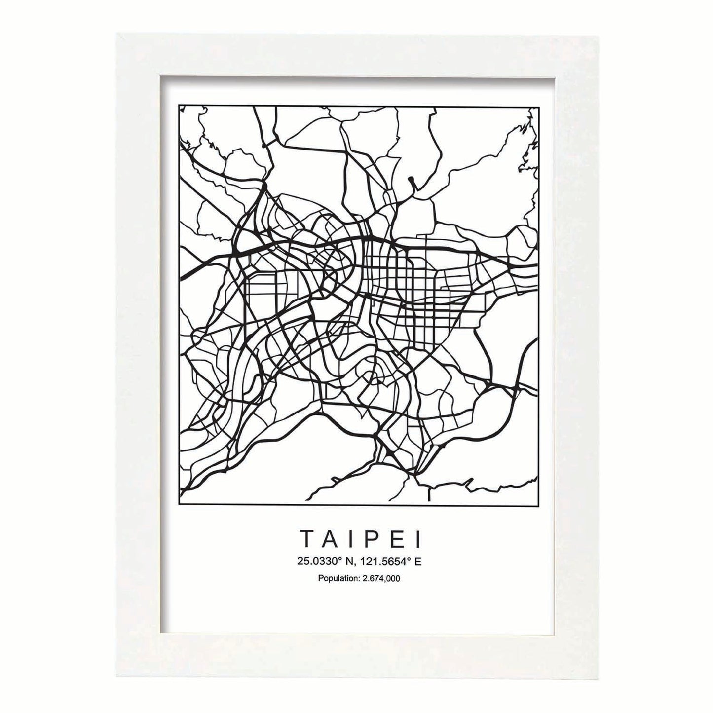 Lámina Mapa de la Ciudad Taipei Estilo nordico en Blanco y negro.-Artwork-Nacnic-A3-Marco Blanco-Nacnic Estudio SL