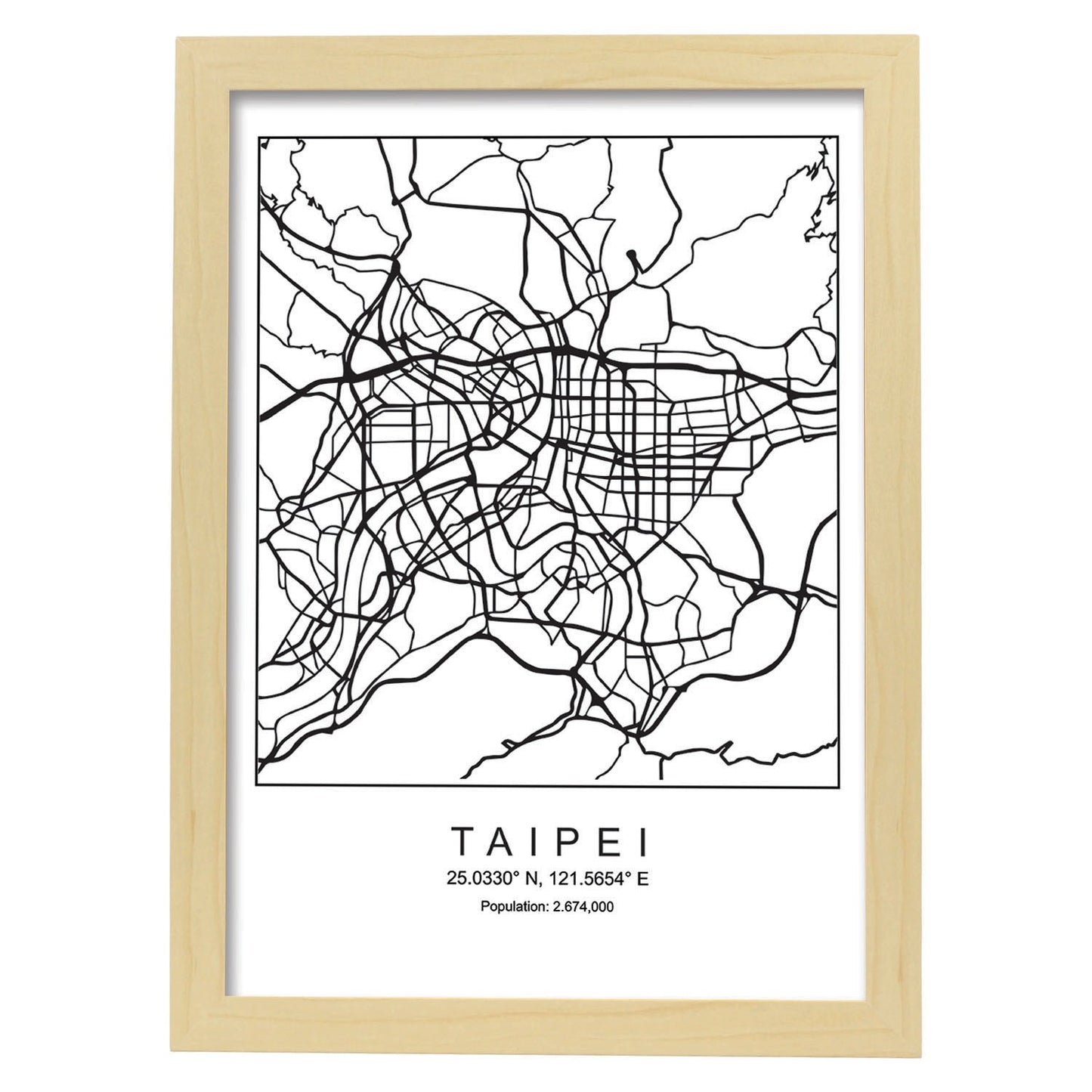 Lámina Mapa de la Ciudad Taipei Estilo nordico en Blanco y negro.-Artwork-Nacnic-A3-Marco Madera clara-Nacnic Estudio SL