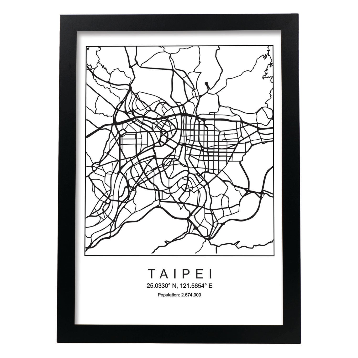 Lámina Mapa de la Ciudad Taipei Estilo nordico en Blanco y negro.-Artwork-Nacnic-A3-Marco Negro-Nacnic Estudio SL