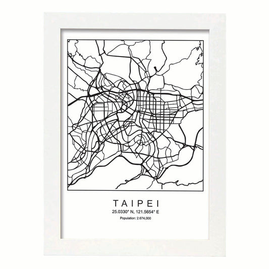 Lámina Mapa de la Ciudad Taipei Estilo nordico en Blanco y negro.-Artwork-Nacnic-A4-Marco Blanco-Nacnic Estudio SL