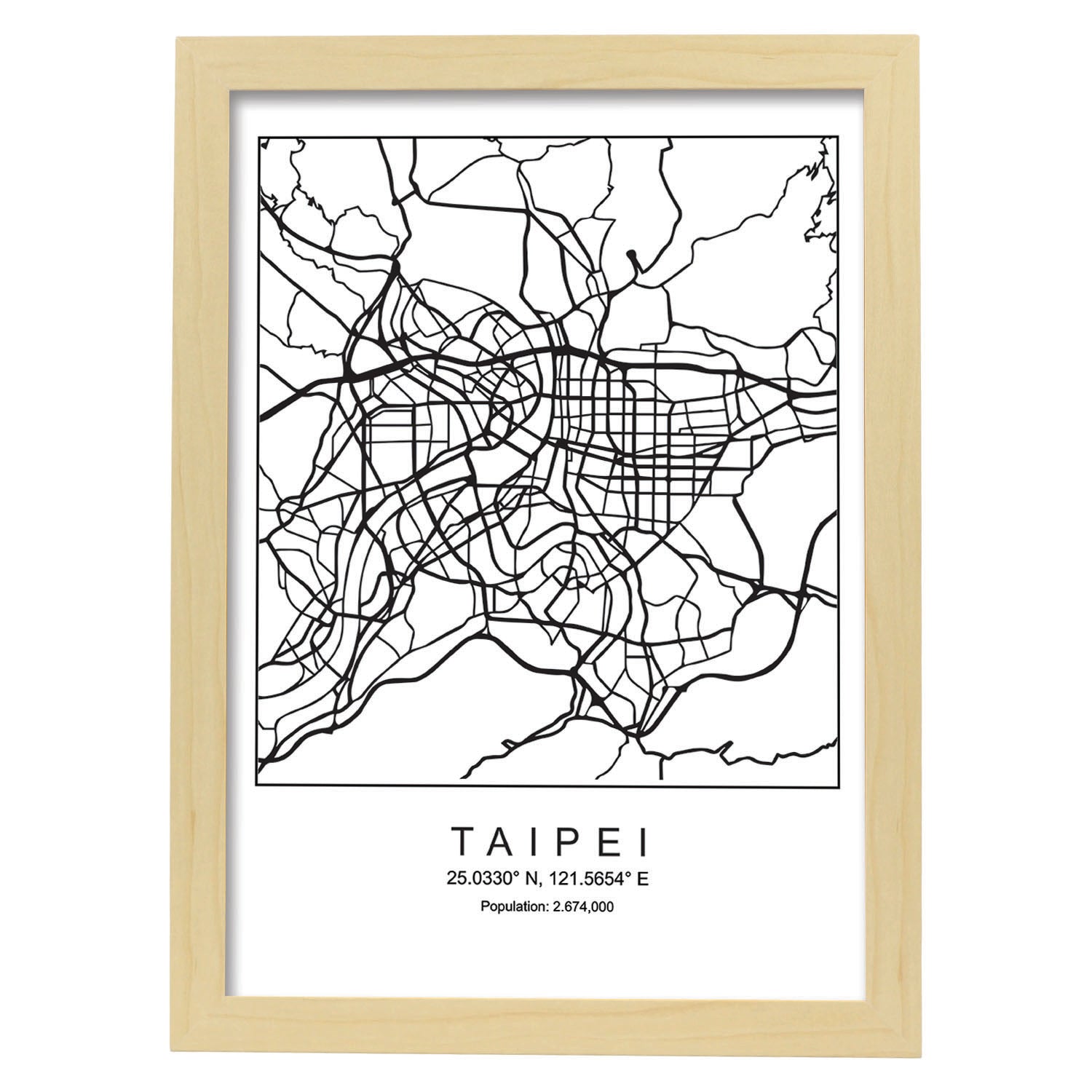 Lámina Mapa de la Ciudad Taipei Estilo nordico en Blanco y negro.-Artwork-Nacnic-A4-Marco Madera clara-Nacnic Estudio SL