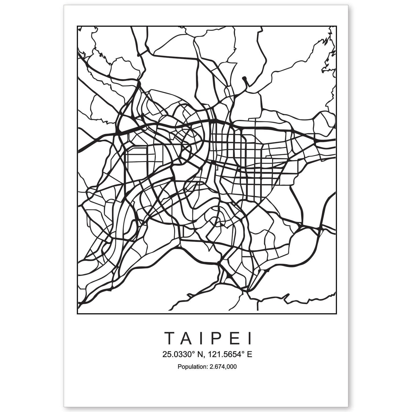 Lámina Mapa de la Ciudad Taipei Estilo nordico en Blanco y negro.-Artwork-Nacnic-A4-Sin marco-Nacnic Estudio SL