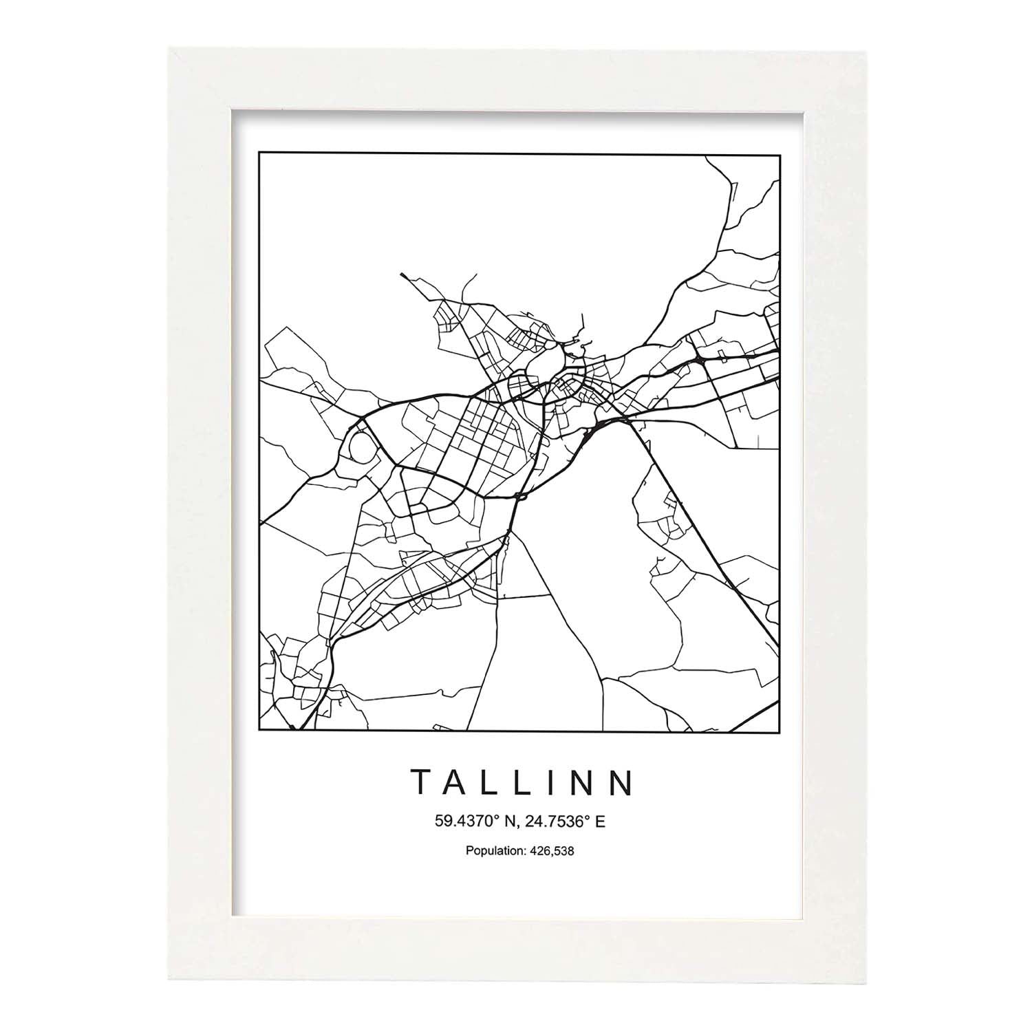 Lámina Mapa de la Ciudad Tallinn Estilo nordico en Blanco y negro.-Artwork-Nacnic-A3-Marco Blanco-Nacnic Estudio SL